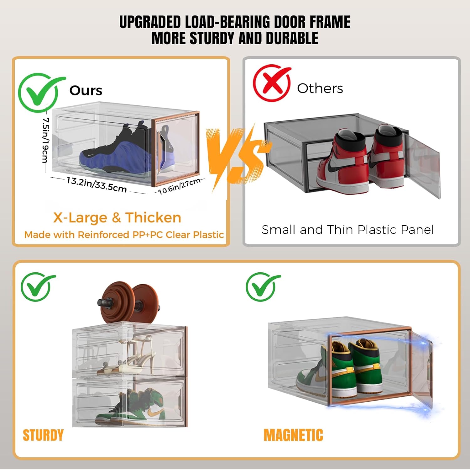 6 Pack Shoe Storage Box Organizer, Clear Thicken Stackable Plastic Shoe Boxes with Magnetic Door, Sturdy Shoe Containers for Sneakers Boots, Easy to Assemble, Fit up to US Size 12(13.2"×10.6"×7.5") image 5