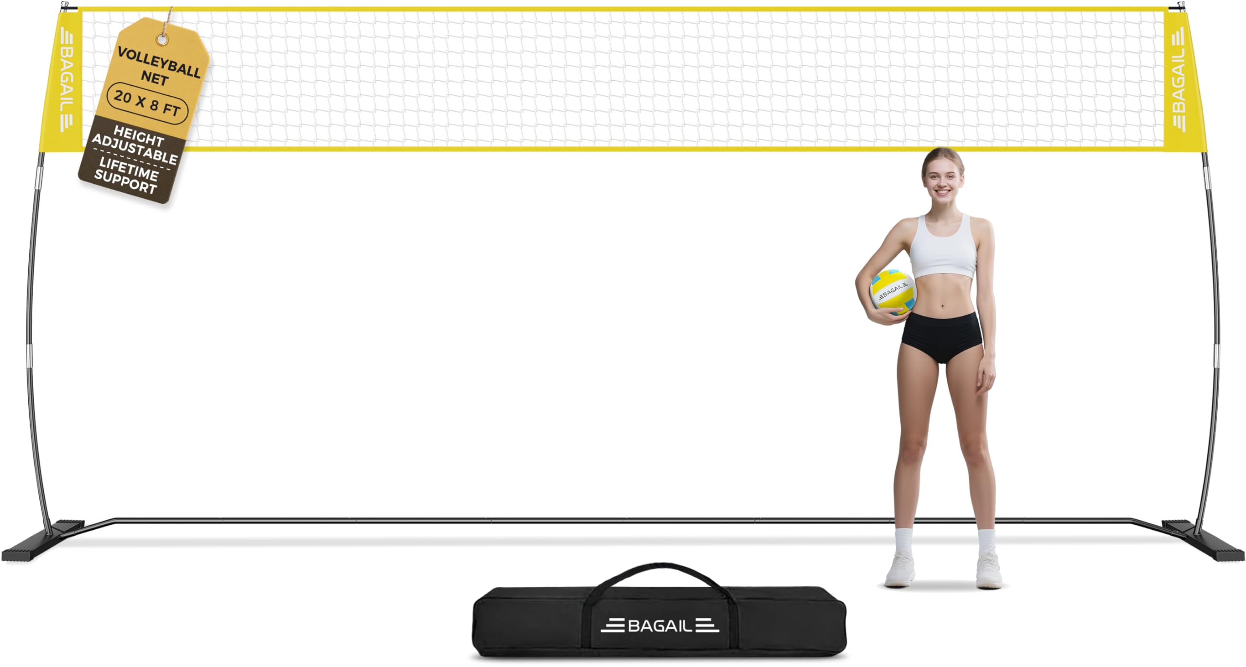 BAGAIL Volleyballnetz, 3.6m/6.1m Volleyballnetz für den Garten - Verstellbare Höhe, Heavy-Duty-Rahmen, Freistehendes Design - Tragbares Outdoor/Indoor-Volleyball-Set mit Tragetasche