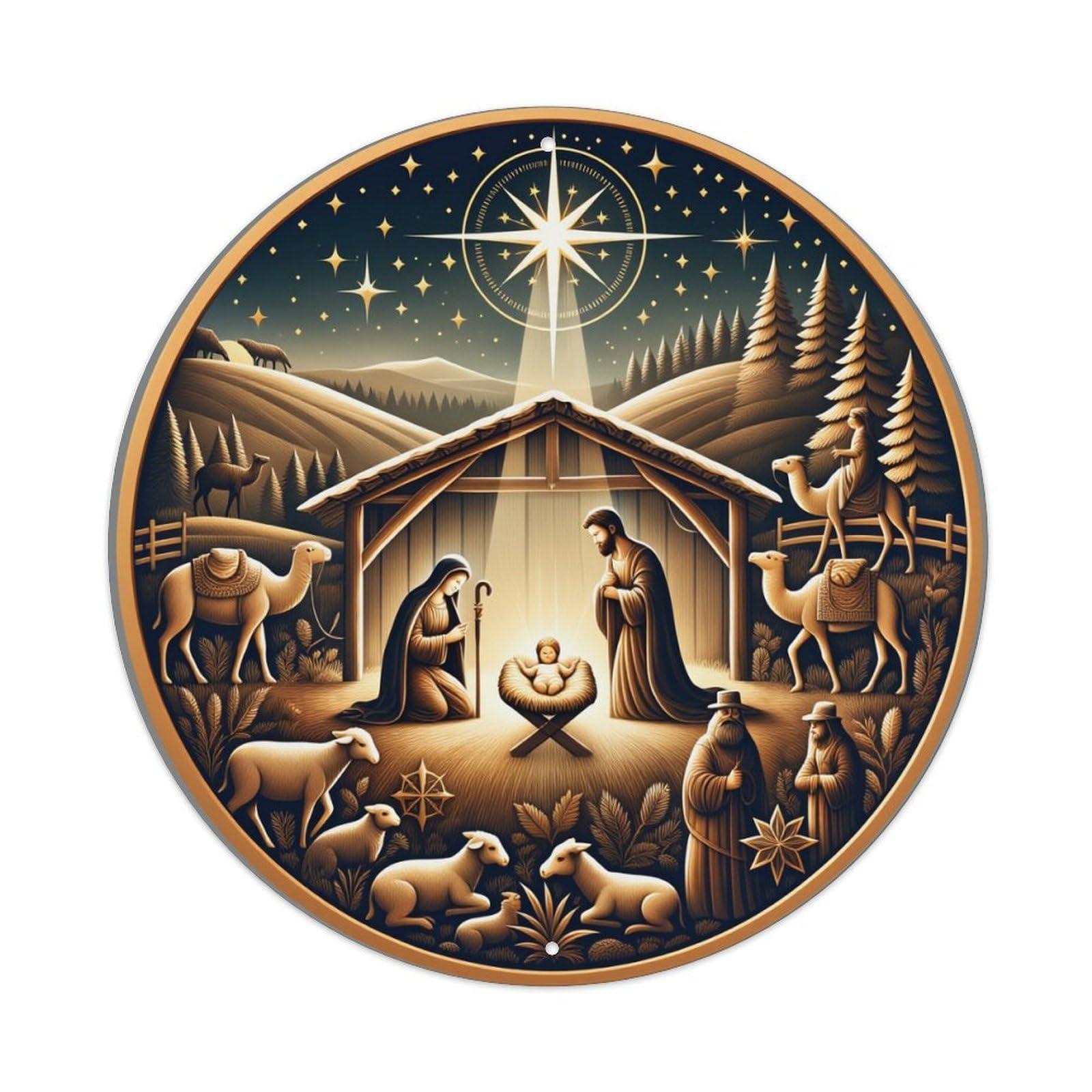 Nativity Scene With Star And Animals Round Tin Sign Vintage Metal Poster, Home Bar Garage Man Cave Cafe Indoor & Outdoor Wall Decoration 8x8Inches