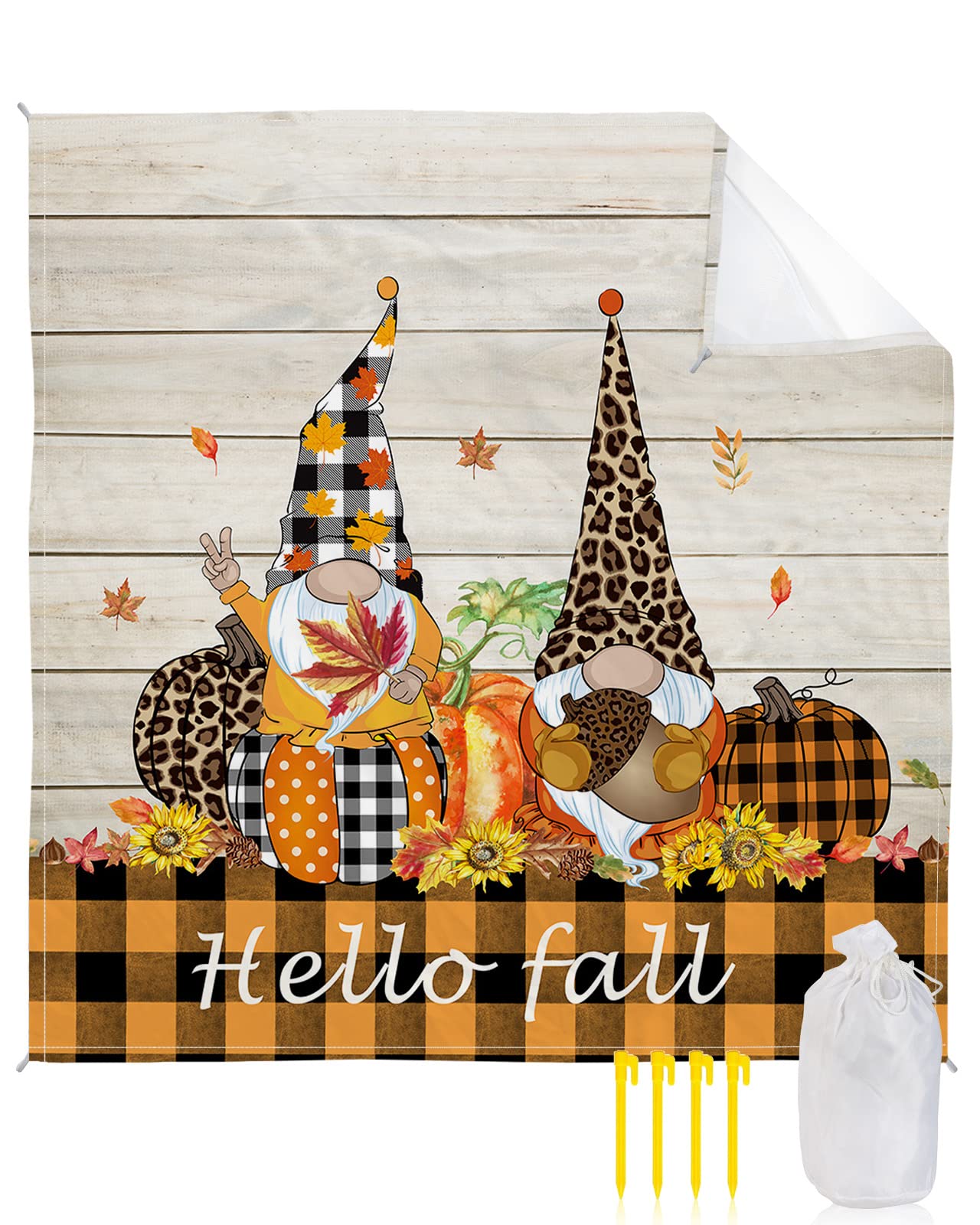 Segard Beach Blanket Sandproof Beach Mat,Gnomes Thanksgiving Pumpkins Plank Outdoor Picnic Mat Waterproof Quick Drying Picnic Blanket with Stake,Hello Fall Farm Plants Plaid Camping Blanket 95x80in