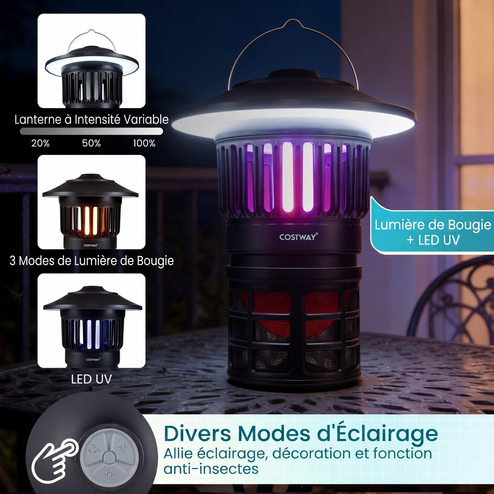 COSTWAY Lampe Anti Moustique Exterieur Interieur, Tue Mouche Electrique 100m², Éclairage Réglable, Rechargeable USB UV LED, Faible dB, Lampe Anti Insecte IPX4 pour Salon Camping Jardin Pêche