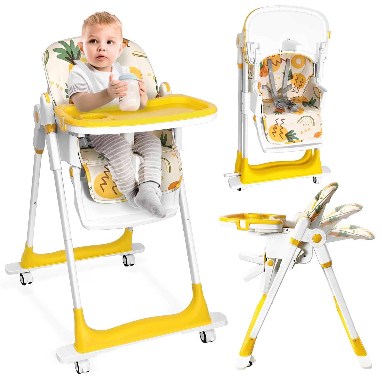Foldable High Chairs for Babies and Toddlers with Widening Foot, Baby Highchair Portable with Detachable Wheels Yellow