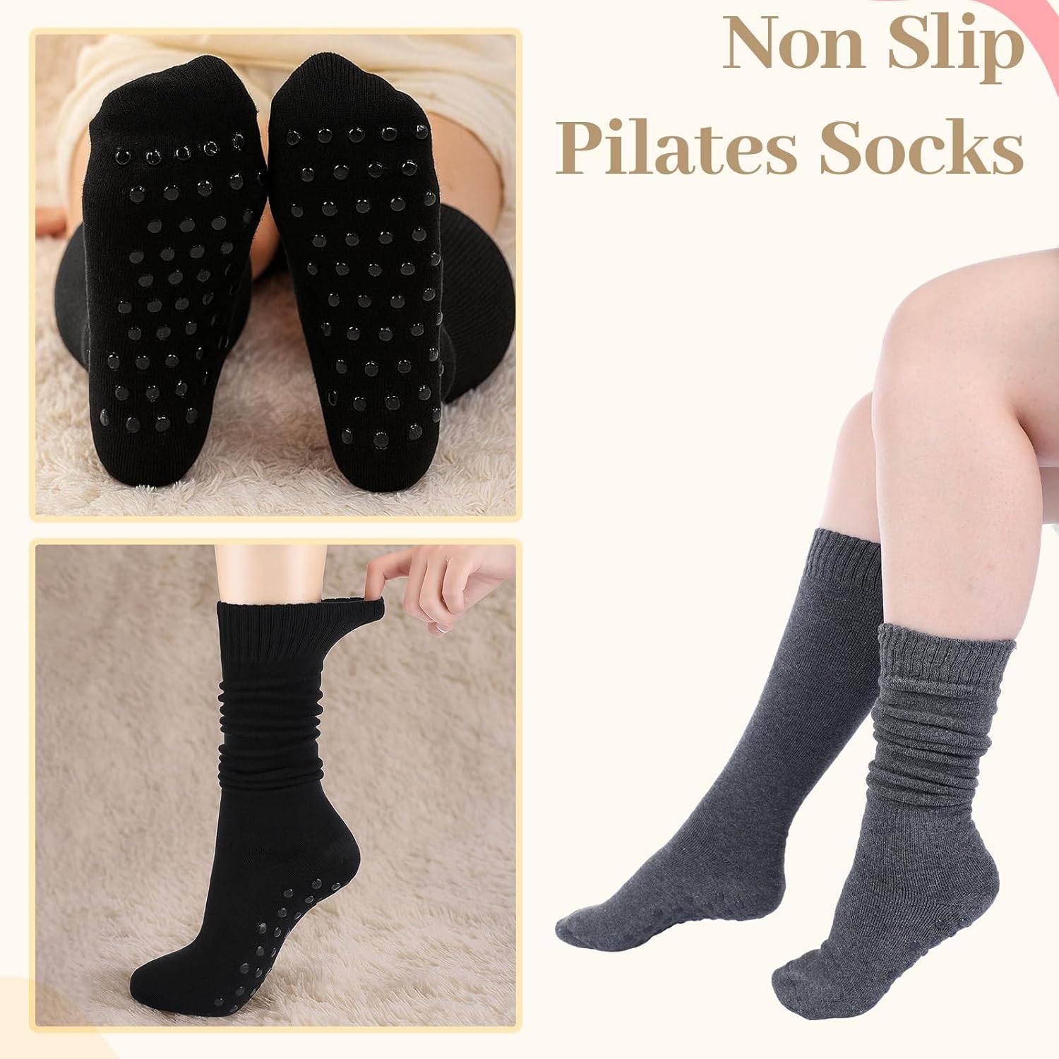 6 Pairs Thick Slouch Pilates Socks with Grips Winter for Women Yoga Slouchy Grip Sock Long Non Slip Hospital Anklet - Image 4