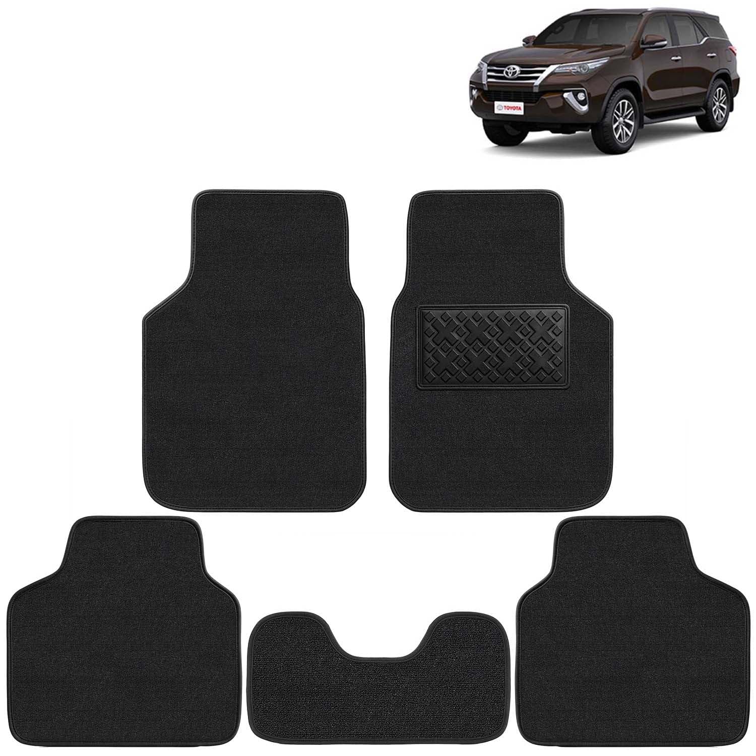 KINGSWAY Accessories Premium Carpet Floor Mats Compatible with Toyota Fortuner (Year 2017-2020) – Complete Set of 5 Pieces, Universal Fit PVC Spike Grass All Weather Foot Mat, Full Black