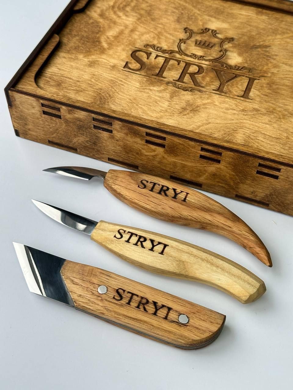 STRYI 3 piece Woodworking Woodcarving tool set in a wood presentation box with foam tool cut outs.