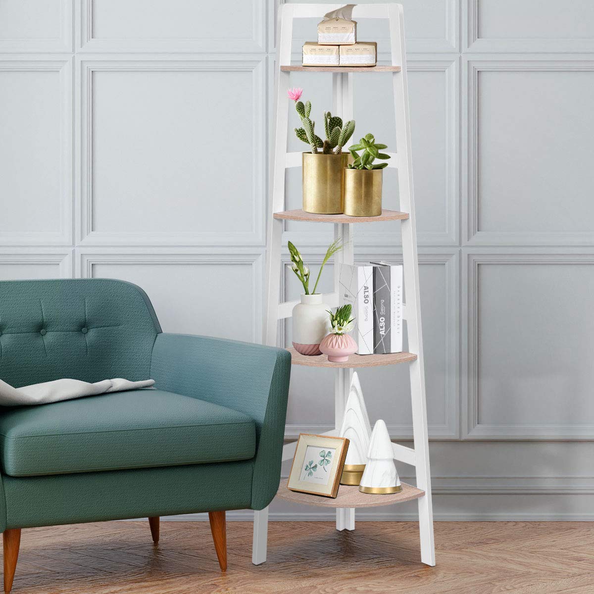 DREAMADE Etagère d’Angle, Bibliothèque d’Angle, Meuble d’Angle à 4 Niveaux en Bois avec Style Echelle pour Salon, Chambre, Salle de Bain, Bureau, Balcon 32 x 32 x 138CM Blanc