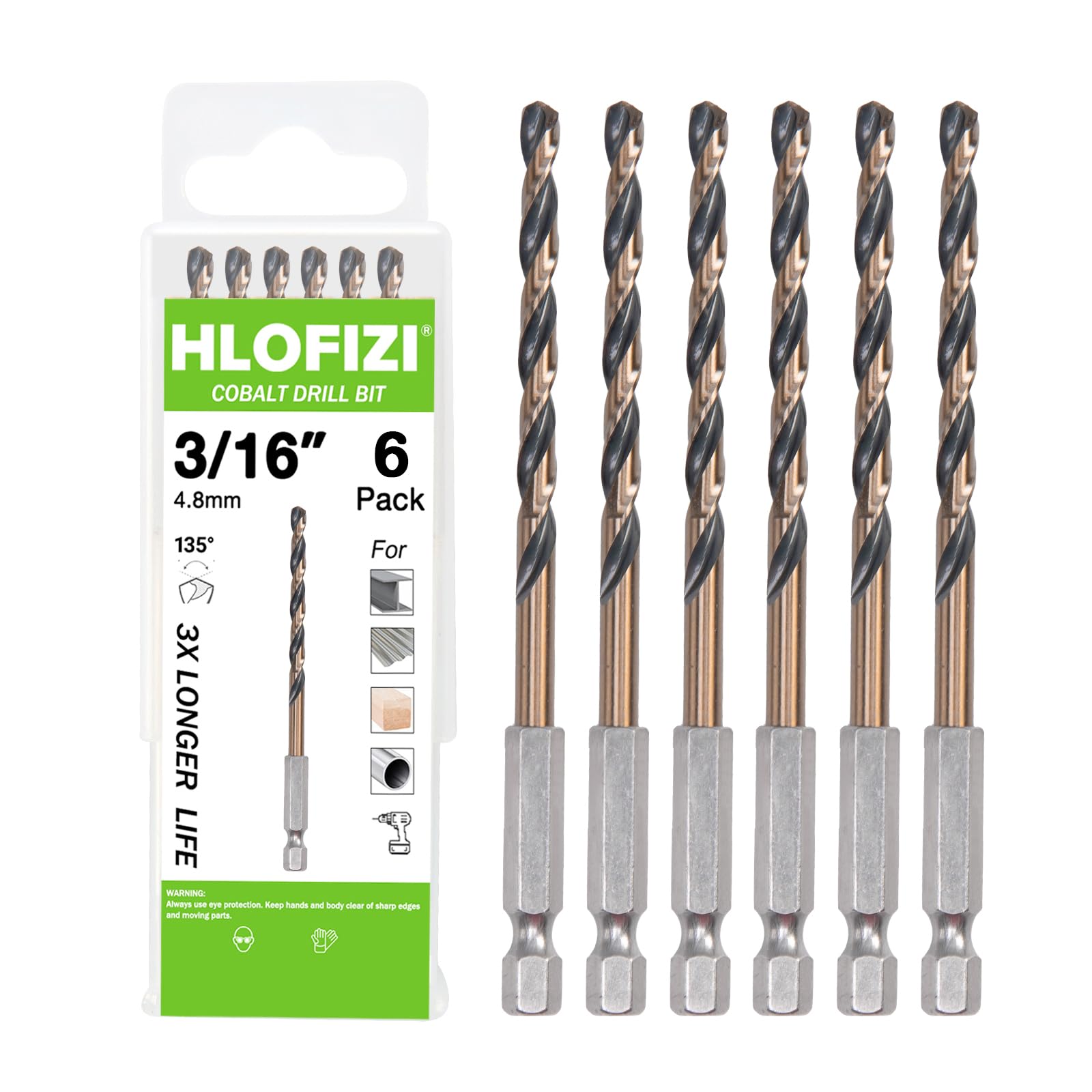 HLOFIZI 3/16" Cobalt Drill Bit with Hex Shank (6 Pack), Impact Black and Gold Coated Twist Drill Bits for Metal, Stainless Steel, Cast Iron and Wood