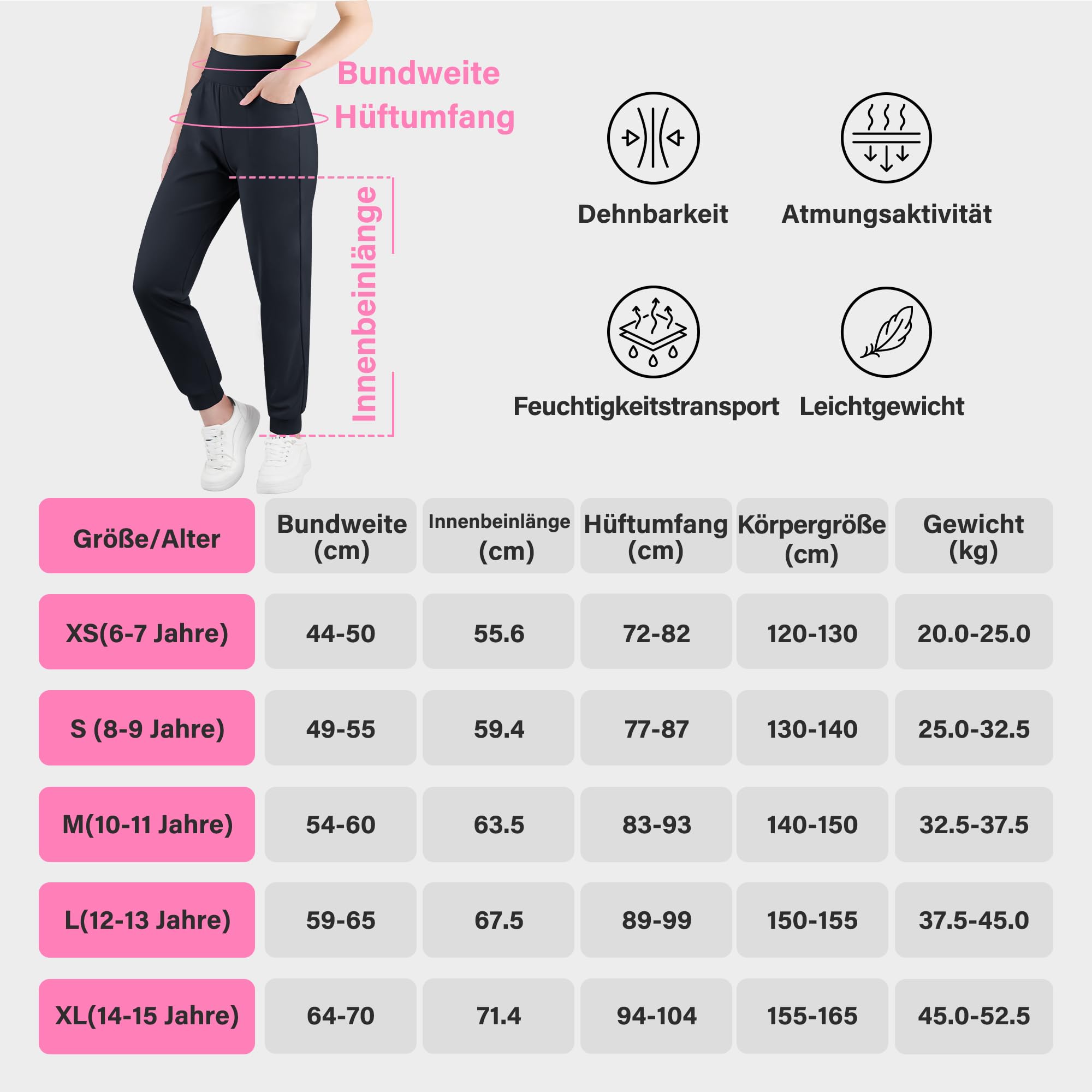BIG ELEPHANT Confezione da 3 Pantaloni da Jogging per Bambine con Tasche, Pantaloni Sportivi a Vita Alta per Yoga e Corsa