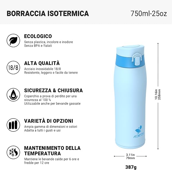 AORIN Insulated Water Bottle, 18/8 Stainless Steel Water Bottle, 750 ml Children's Water Bottle, BPA and Leak Free, Thermos Flask for Sports, Outdoor and Commuting with 2 Lids - 3