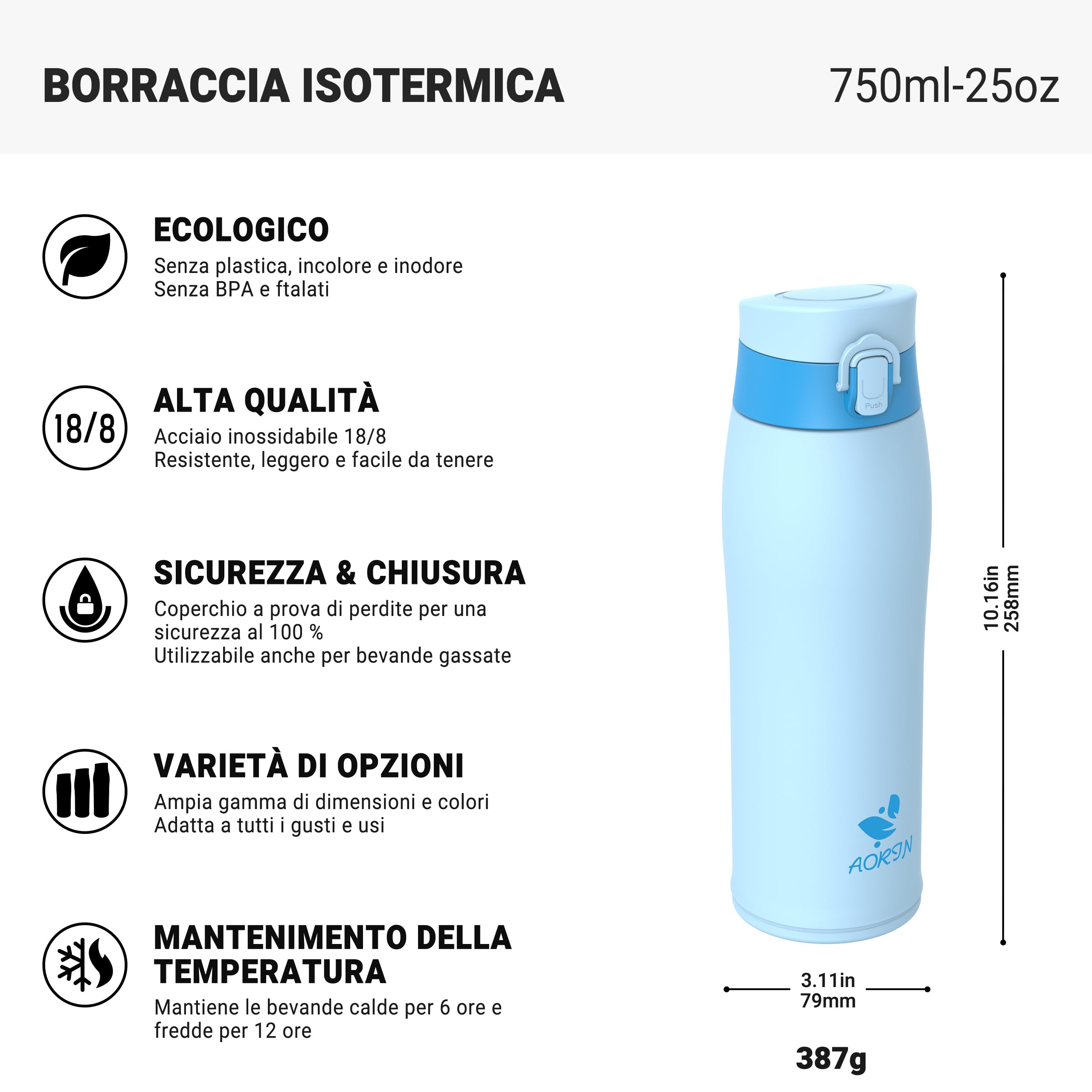 AORIN Insulated Water Bottle, 18/8 Stainless Steel Water Bottle, 750 ml Children's Water Bottle, BPA and Leak Free, Thermos Flask for Sports, Outdoor and Commuting with 2 Lids - 4