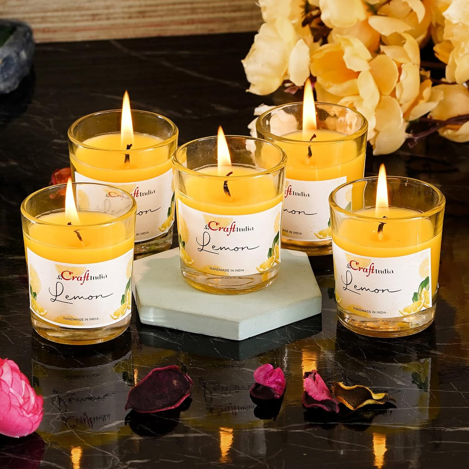 eCraftIndia Glass Vanilla Scented Candles for Home Decor - Candles for Diwali Christmas Birthday Valentine's Day (Lemon (Pack of 5))-image-34