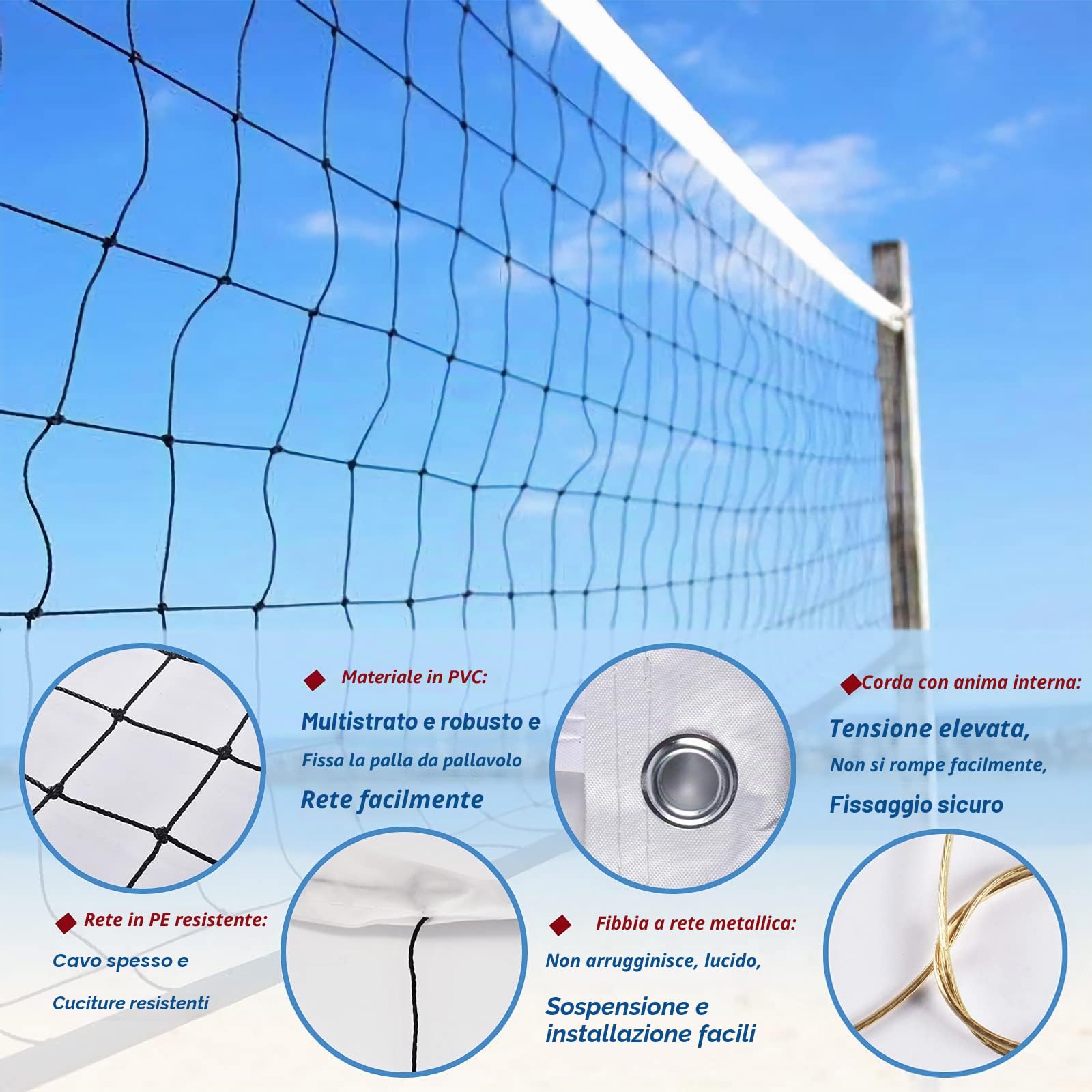 Rete da pallavolo all'aperto, resistente rete da pallavolo per cortile, rete professionale con nastri laterali rinforzati per sport in piscina a terra, rete di ricambio portatile per spiaggia (pali