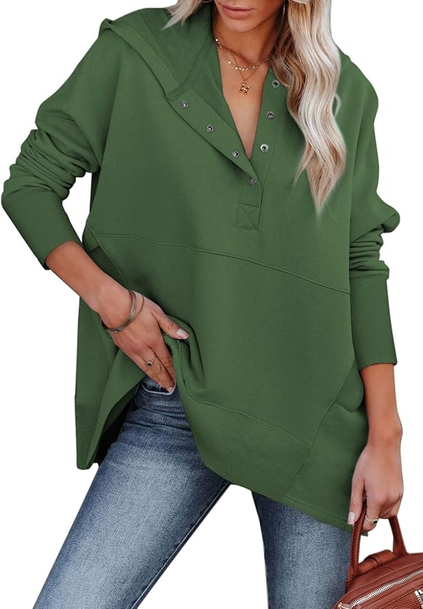 PRETTYGARDEN Women's Long Sleeve Hoodie - Oversized V-Neck Pullover Sweatshirt With Pockets (Apricot, Medium) - View #8