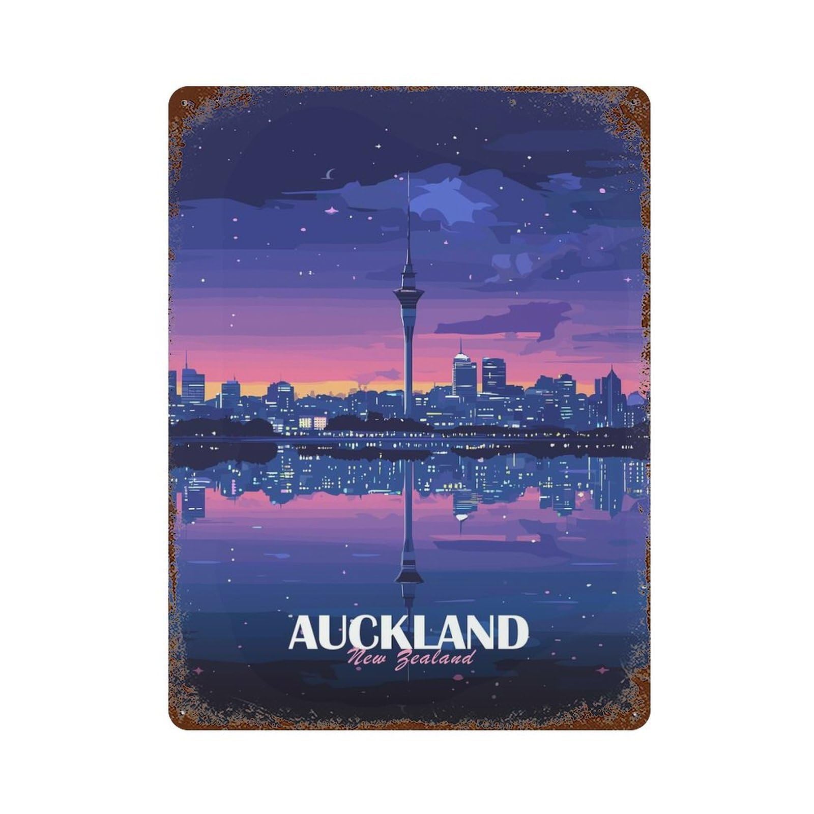 Garage Style Auckland New Zealand Skyline at Night Decorative Tin Sign 15.7"x11.8", Industrial Home Decor for Bar And Workshop