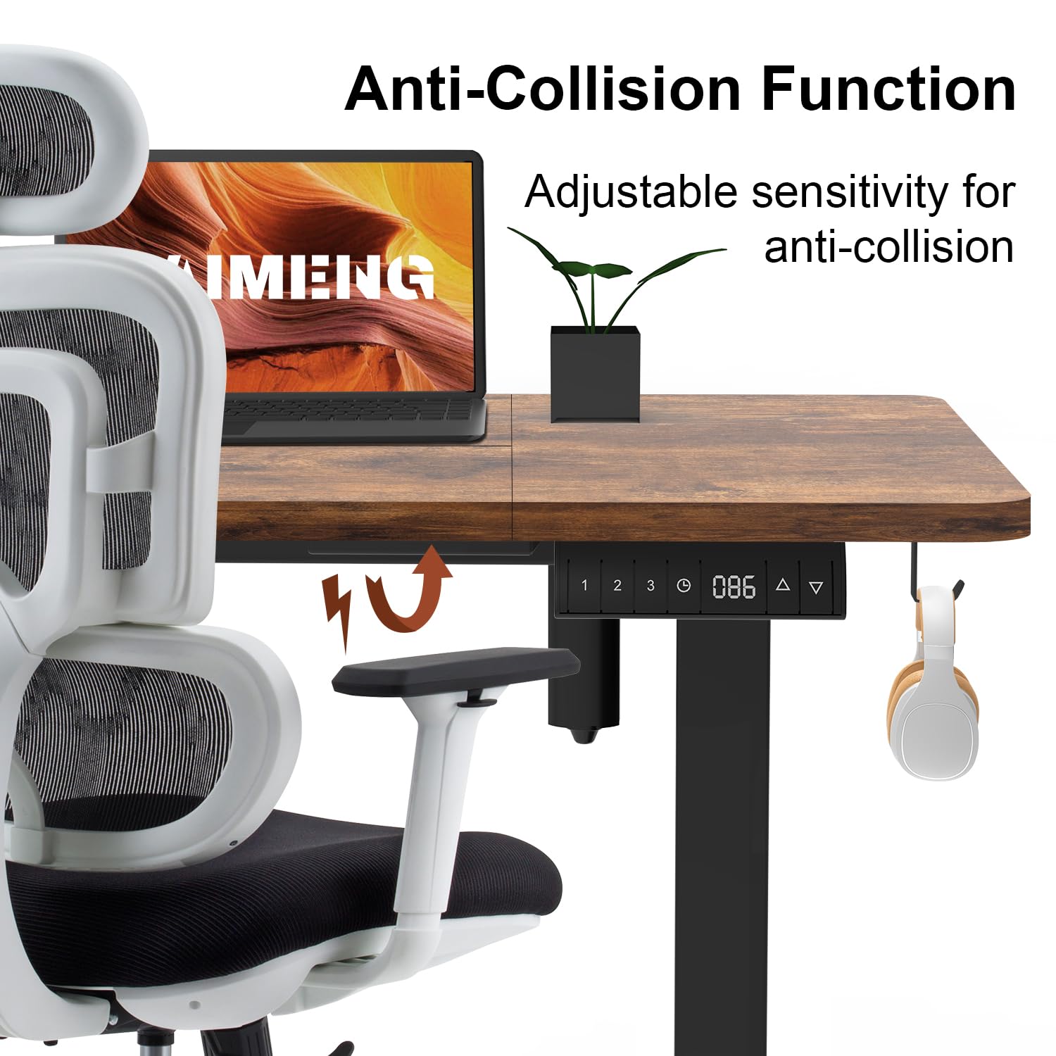KAIMENG Electric Standing Desk demonstrating its anti-collision function, showing the desk stopping and reversing upon encountering an office chair