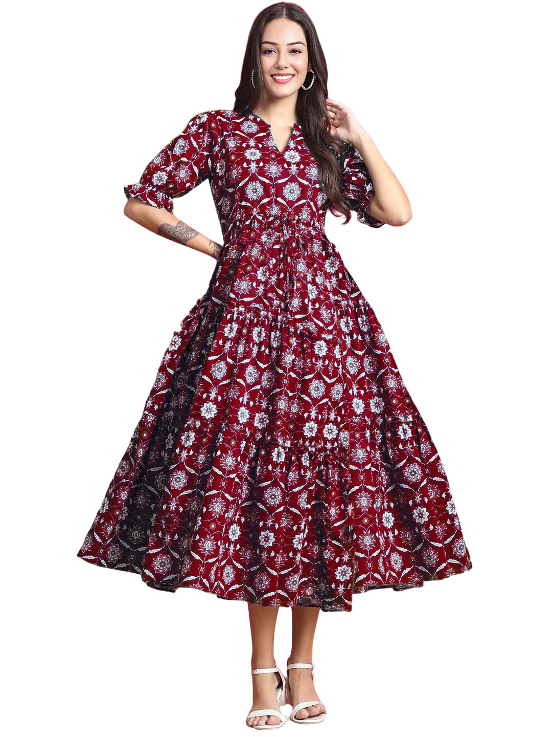 Women's Fit and Flare Pure Cotton Long Maxi Dress (SP-31 Maroon)-image-27