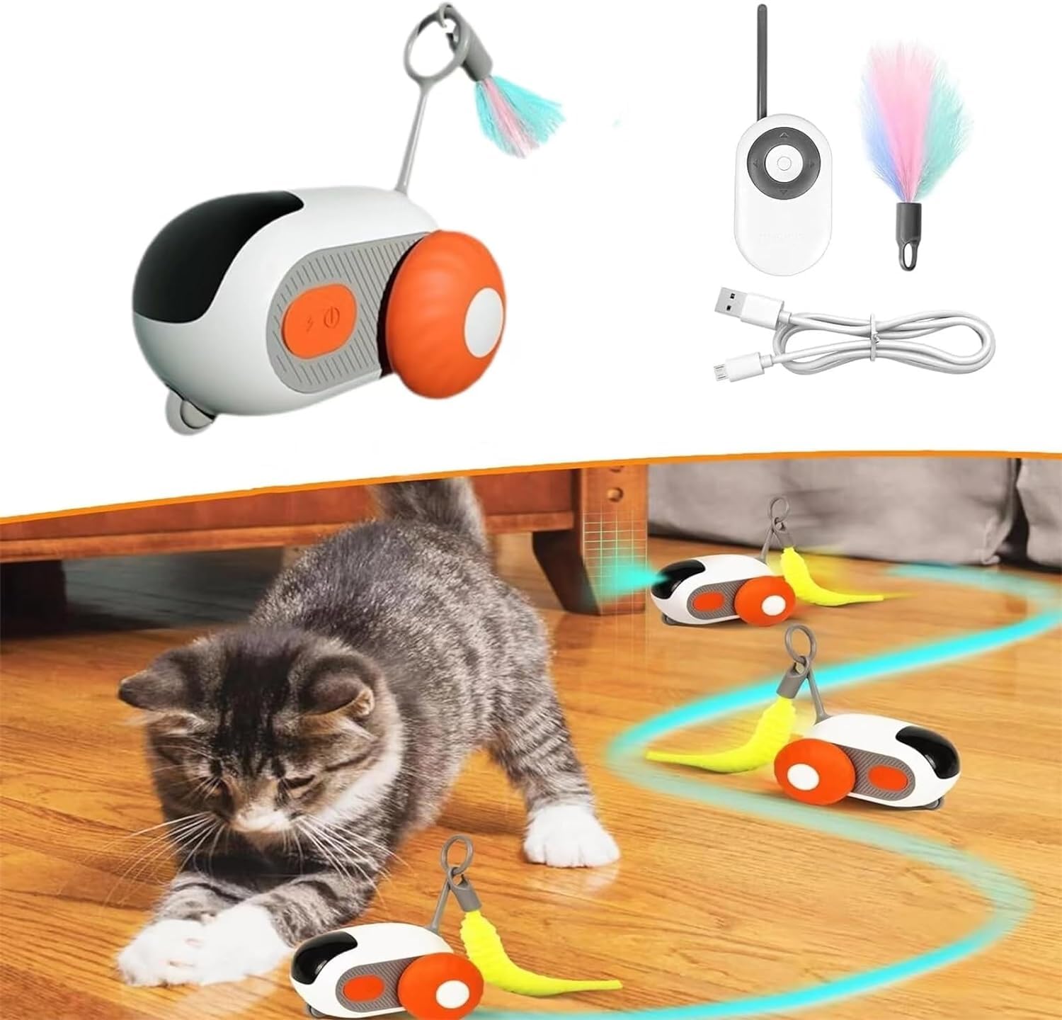 Pelinuar Teazys Cat Toy Turbo Tail 2.0-2024 Premium Turbo Tail 2.0 Cat Toy, Smart Car Remote Control Electric Cat Toy,Three Modes Interactive Teazys Cat Toy, Gravity-Sensing Movement (Orange)