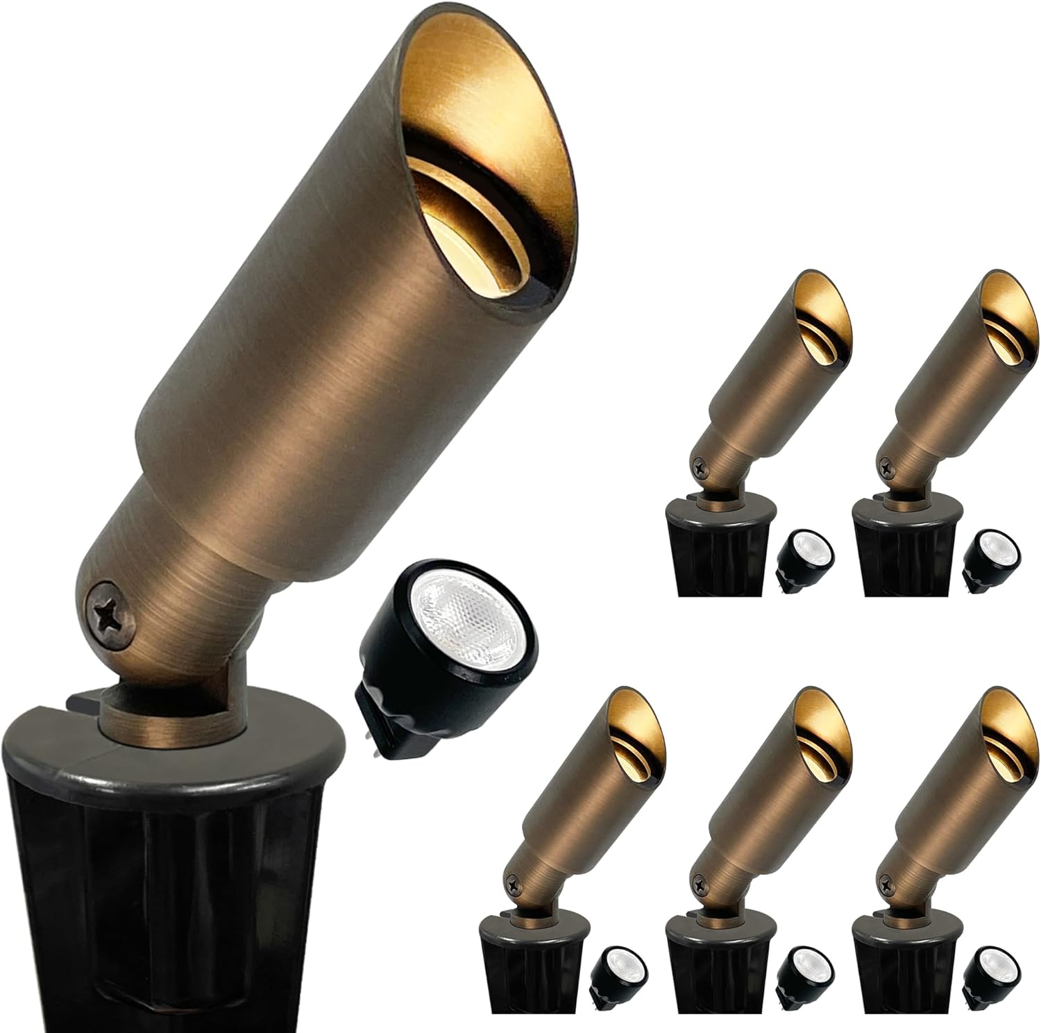 GKOLED 6 Pack Mini Size Brass Landscape Spotlight, Low Voltage 12V AC/DC Outdoor Directional Up Light, 180 LM, 3W MR8 LED Bulb ABS Ground Stake, 2700K Warm White, Garden Patio Trees Spot Uplight