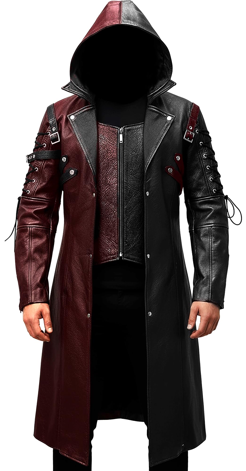 Creonetix Hub Men Goth hood Leather Trench Coat – Steampunk gothic Costume Long Jacket for Men (burgundy-black-X-Small) — image 1