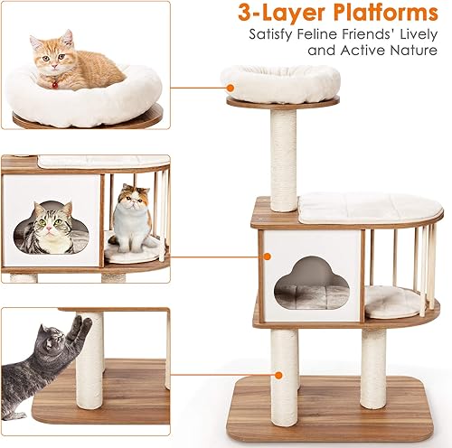 Miniatura 6 de Tangkula Árbol moderno de madera para gatos torre para gatos de 46 pulgadas con plataforma centro de actividades para gatos con postes rascadores y