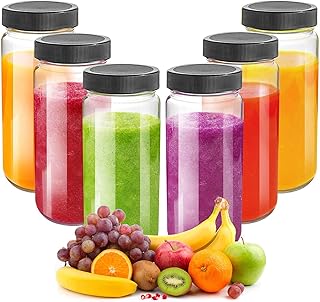 Glass Juicing Bottle Drinking Jars 6 Pack, 16 oz Travel Glass Water Bottles Leak Proof with Plastic Airtight Lids, Dishwas...