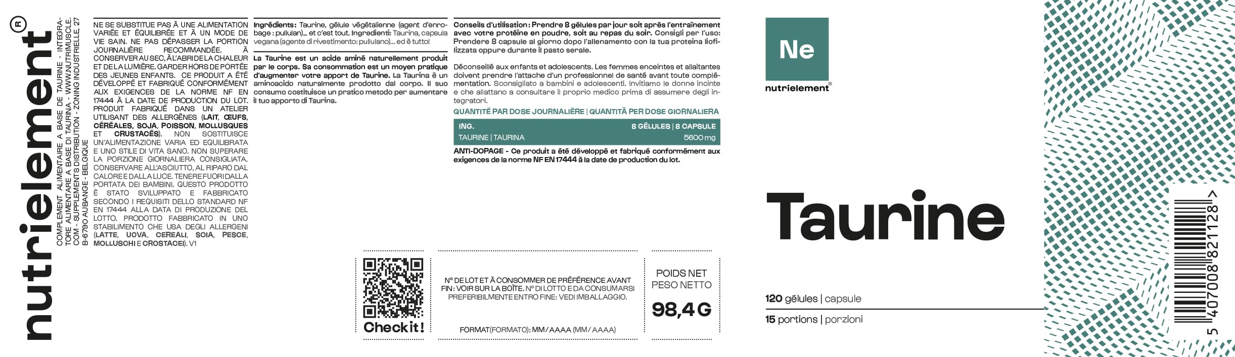 Taurina pura al 100% | Prestazioni atletiche - Miglioramento del sonno - Taurina vegetale - Non OGM - Benessere e Sport | Nutrimuscle | 120 capsule