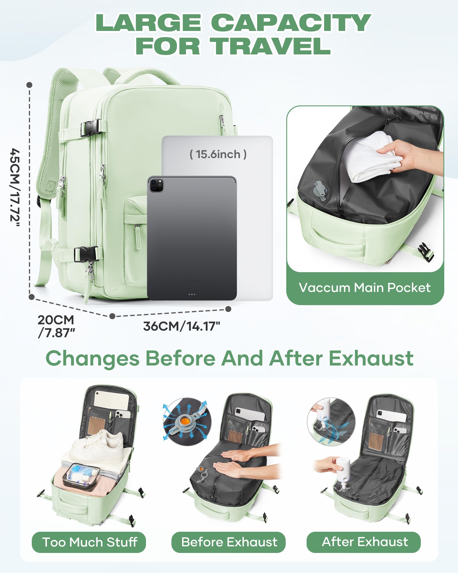 SZLX Zaino Ryanair 40x30x20 Sottovuoto con pompa Zaino Ryanair 40x20x25 Sottovuoto Bagaglio a Mano 40x30x20 Wizzair Zaino da Viaggio 45x36x20 Easyjet Donna Zaino Casual Laptop 14 Pollici Impermeabile