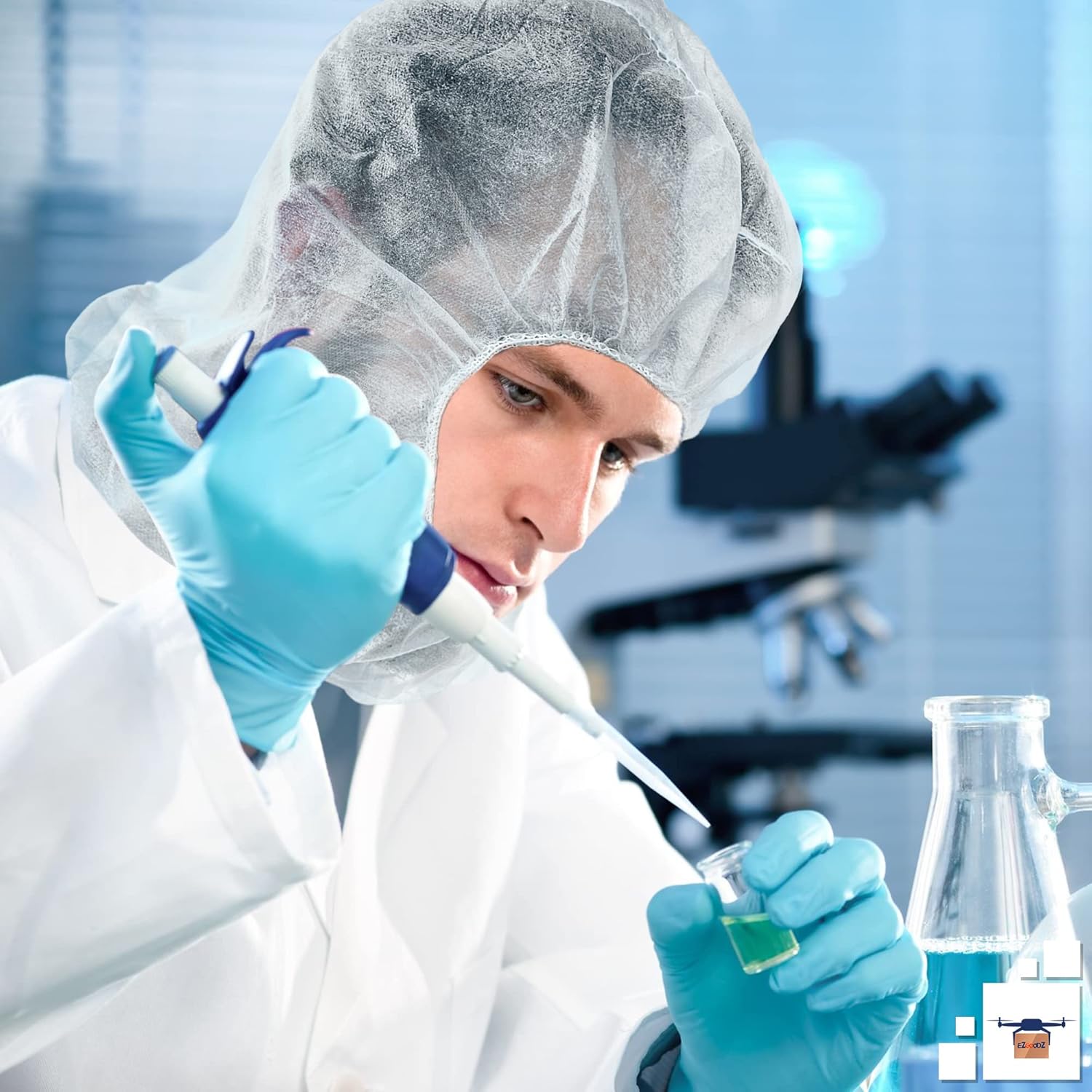 EZGOODZ White Disposable Hood Caps, One Size. Pack of 100 Disposable Bouffant Hoods. 18 GSM Polypropylene Full Face Hair Net with Elastic Band. Protective Caps Hoods Hairnets. Full Face Beard Nets