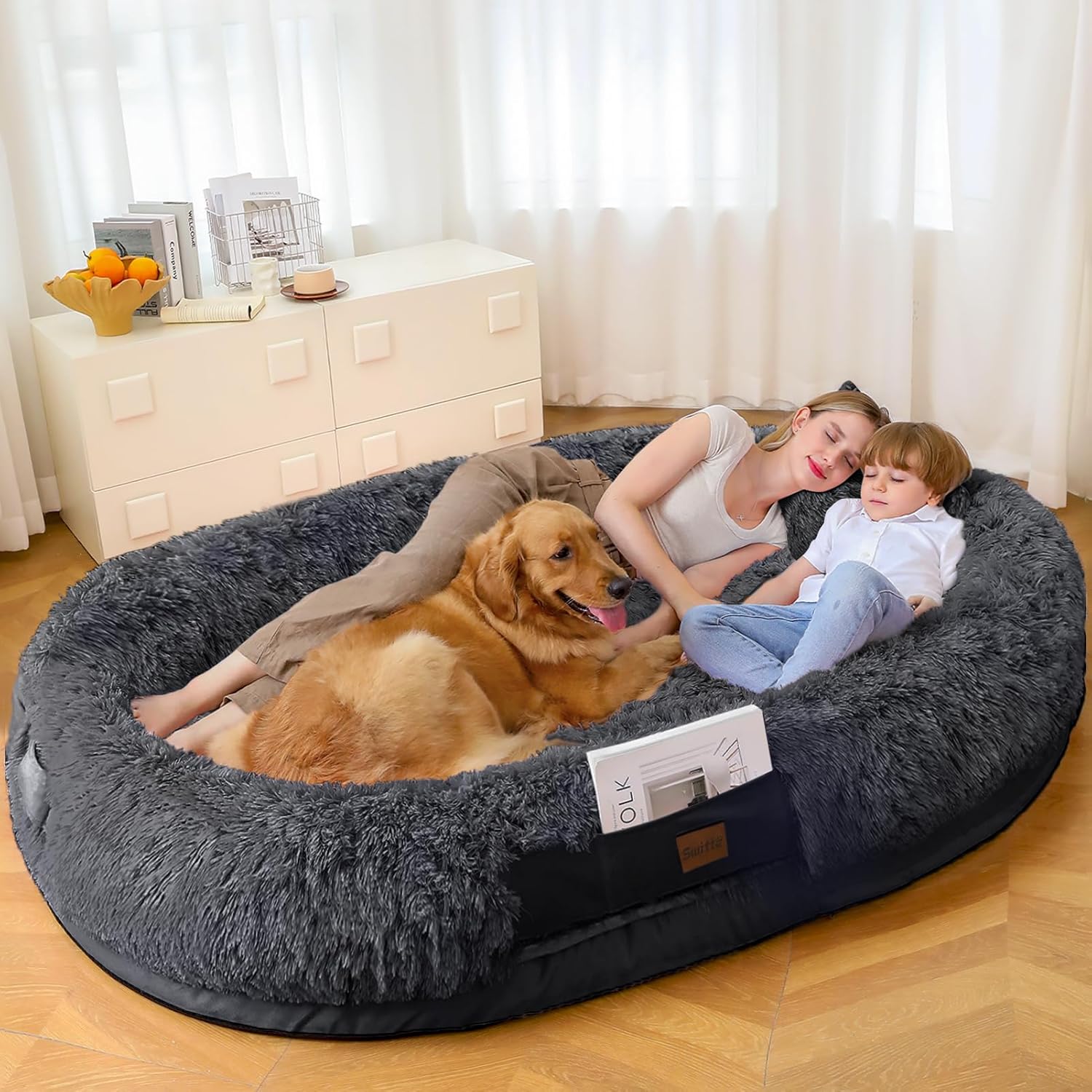 SWITTE Human Dog Bed for Adult, 71"x47"x13" Washable Giant Human Size Dog Bed with Blanket for People Doze Off, Removable Large Beds with Pillow - Dark Grey