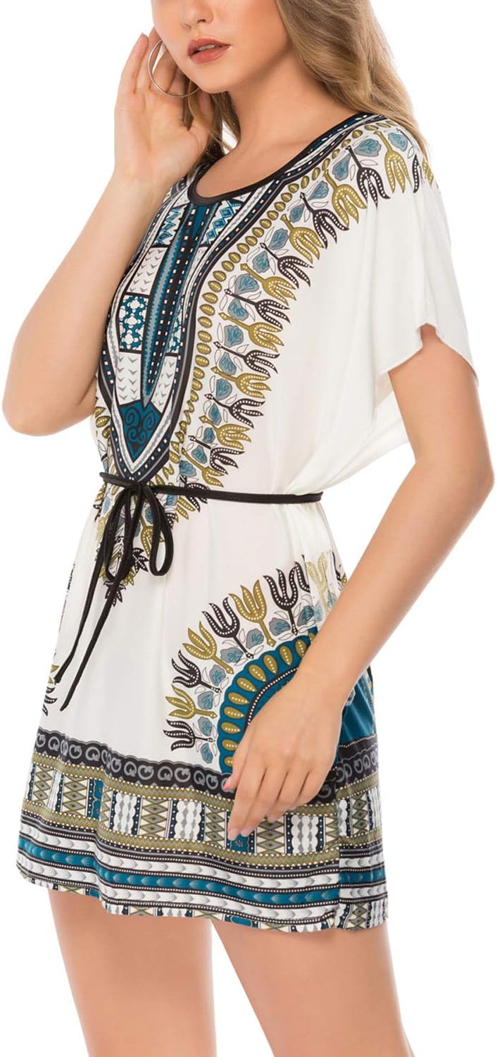 Lu's Chic Women's Boho Dress Batwing Short Sleeve Print Beach Mini Shirt Dresses with Belt White One Size