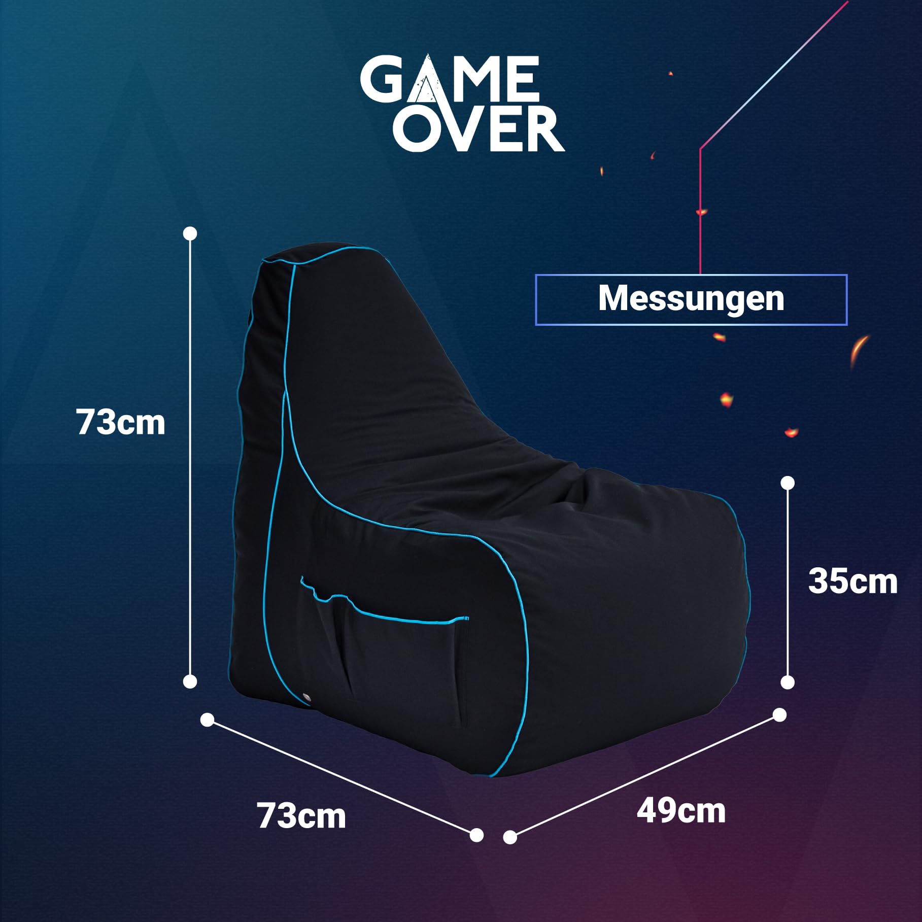 Game Over 8Bit sitzsack Kinder Mini Videospiel Bean Bag | Indoor Wasserbeständig sitzsack | Seitentaschen für Controller | Headset-Halter | Ergonomisches Design (Lich Klinge)