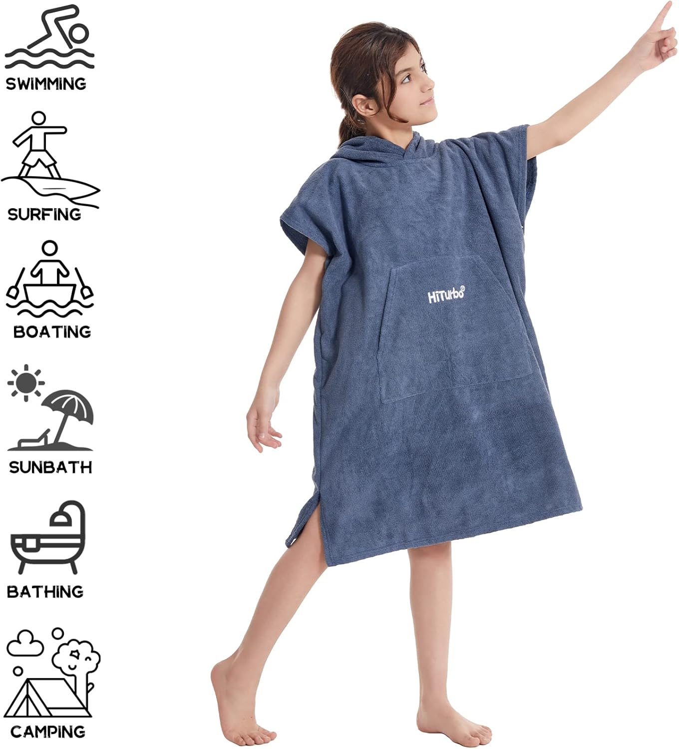 Hiturbo Kids Changing Towel Poncho: Quick Dry Absorbent Bath Towels Hoodie - Microfiber Swim Surf Poncho for Beach Pool Swimming Surfing - Navy - Image 4