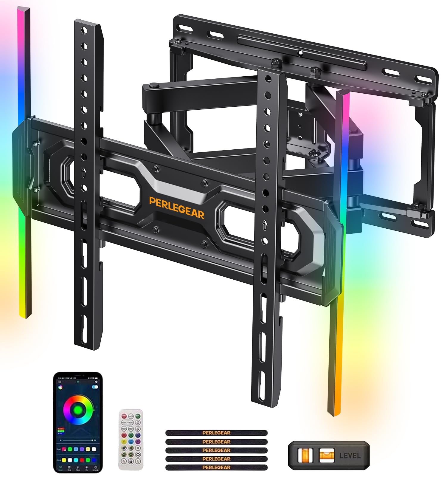 Perlegear Support Mural TV avec Lumières LED pour Télévision de 26 à 65 Pouces Jusqu'à 45 kg, Pivot Extension Inclinaison et Rétroéclairage Musical, VESA Max 400x400mm PGMF20