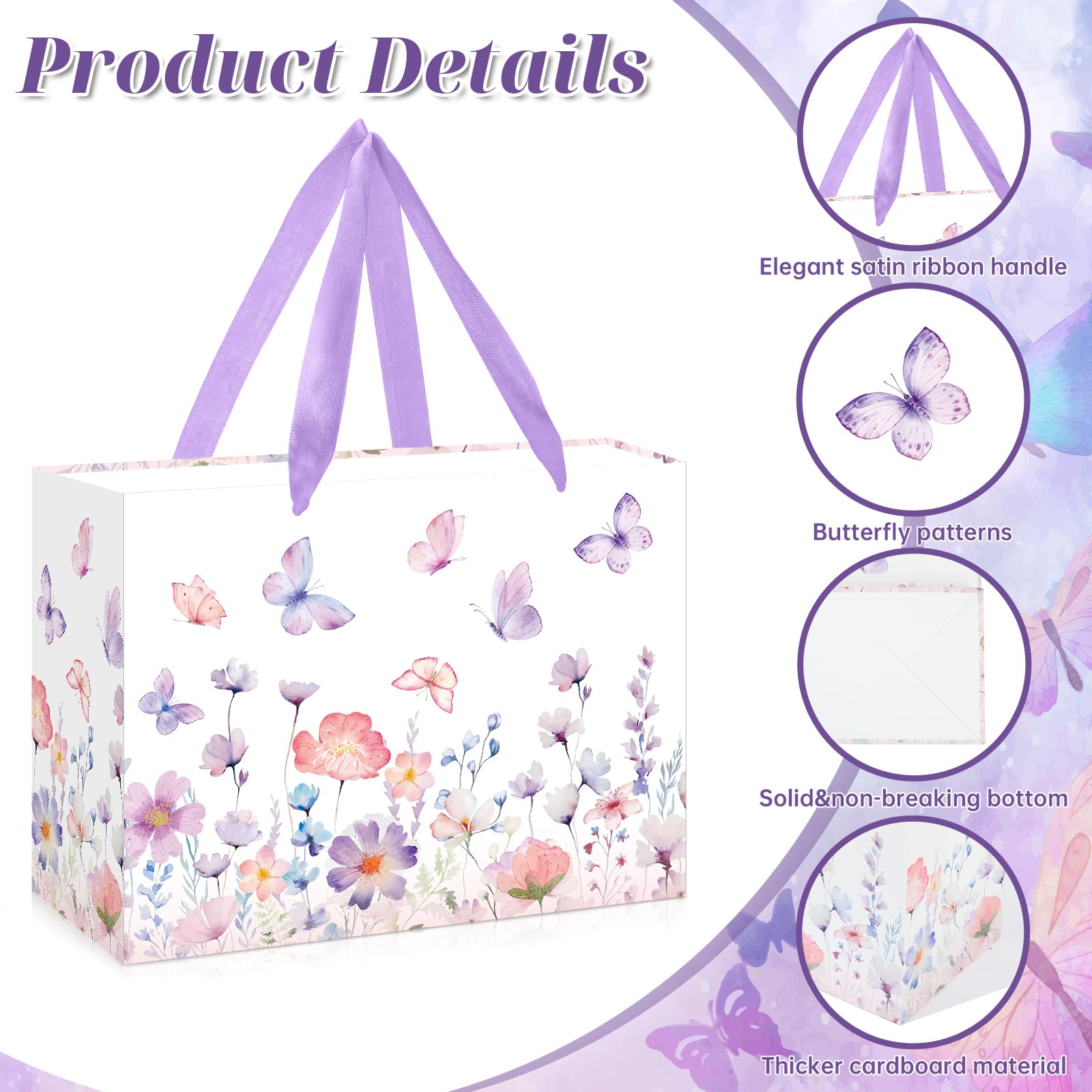 Purple Butterfly Gift Bag for Women Girls Purple Floral Birthday Party Favors Bags with Wrapping Tissue Paper and Greeting Card for Birthday Wedding Shower Party Supplies