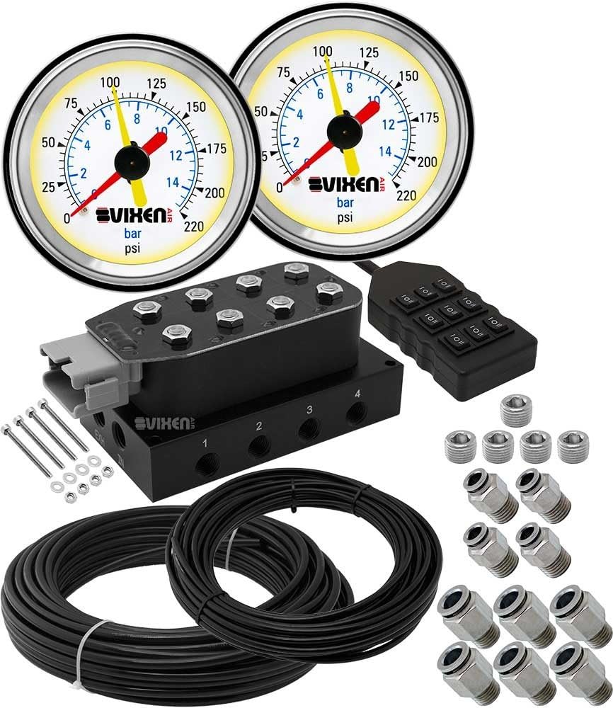 Vixen Air 8 Valve Suspension Manifold with Two Dual Needle White Gauges, 3/8" OD Hose 100 FT, 1/4" OD Hose 50 FT and Fittings VXF4CM01W