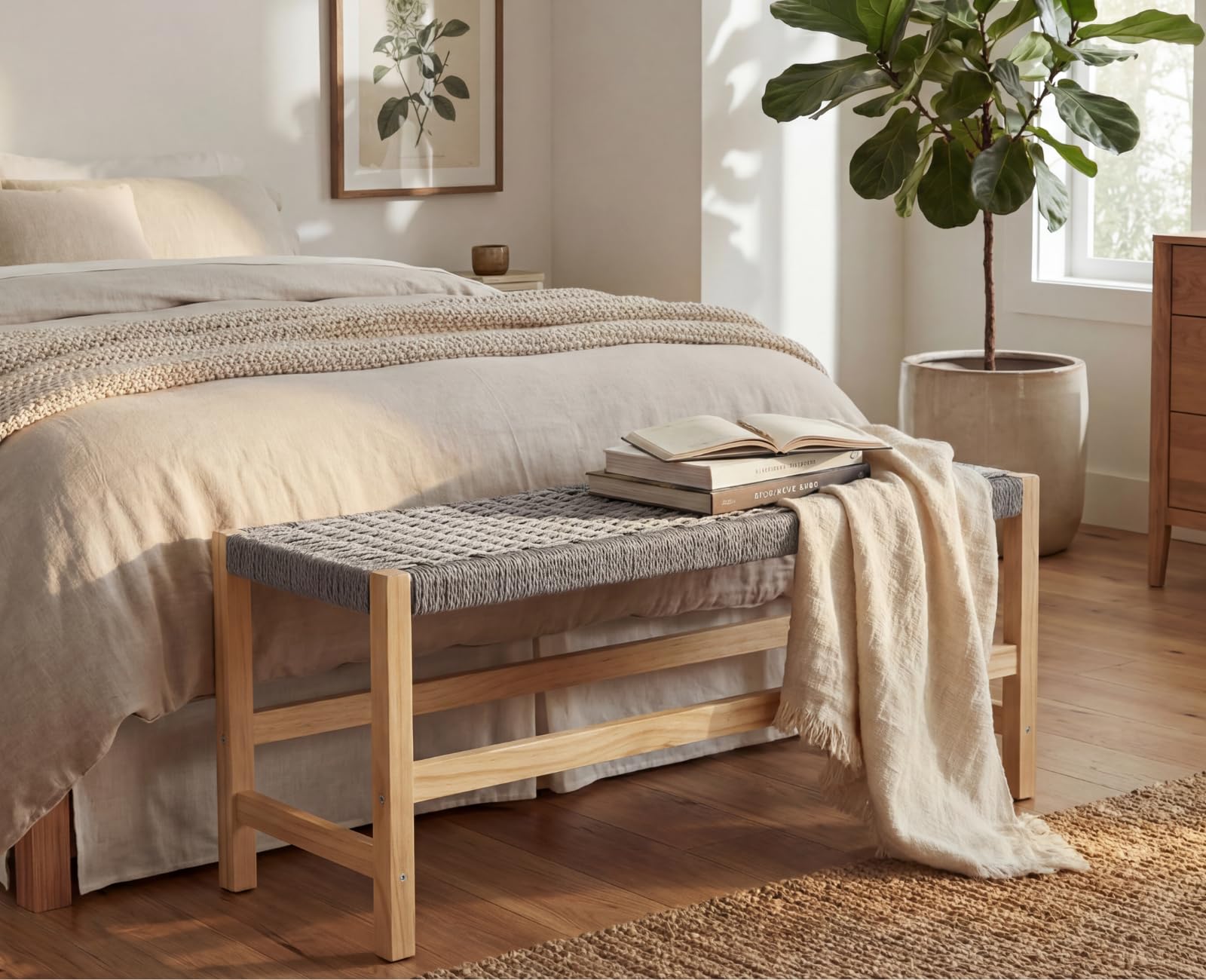 chairus Panca Ingresso in Legno Panca Camera da Letto Panchina Sala da Pranzo con Seduta Intrecciata Panchina per Soggiorno 32 x 90 x 42 cm, Grigio
