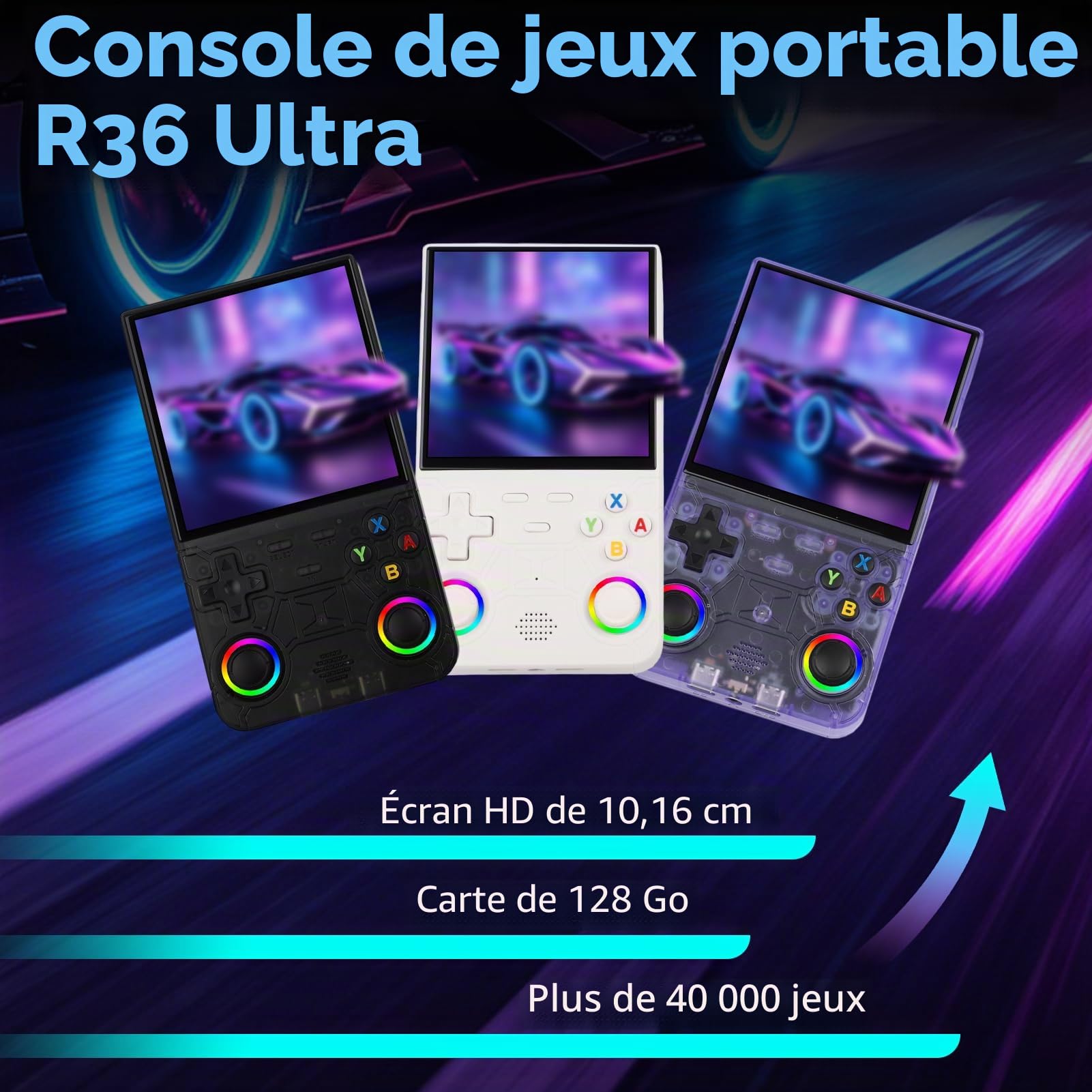 Console de jeux portable R36 Ultra de 128 Go, écran HD de 4 pouces, console de jeux rétro portable pour enfants et adultes (couleur noire)