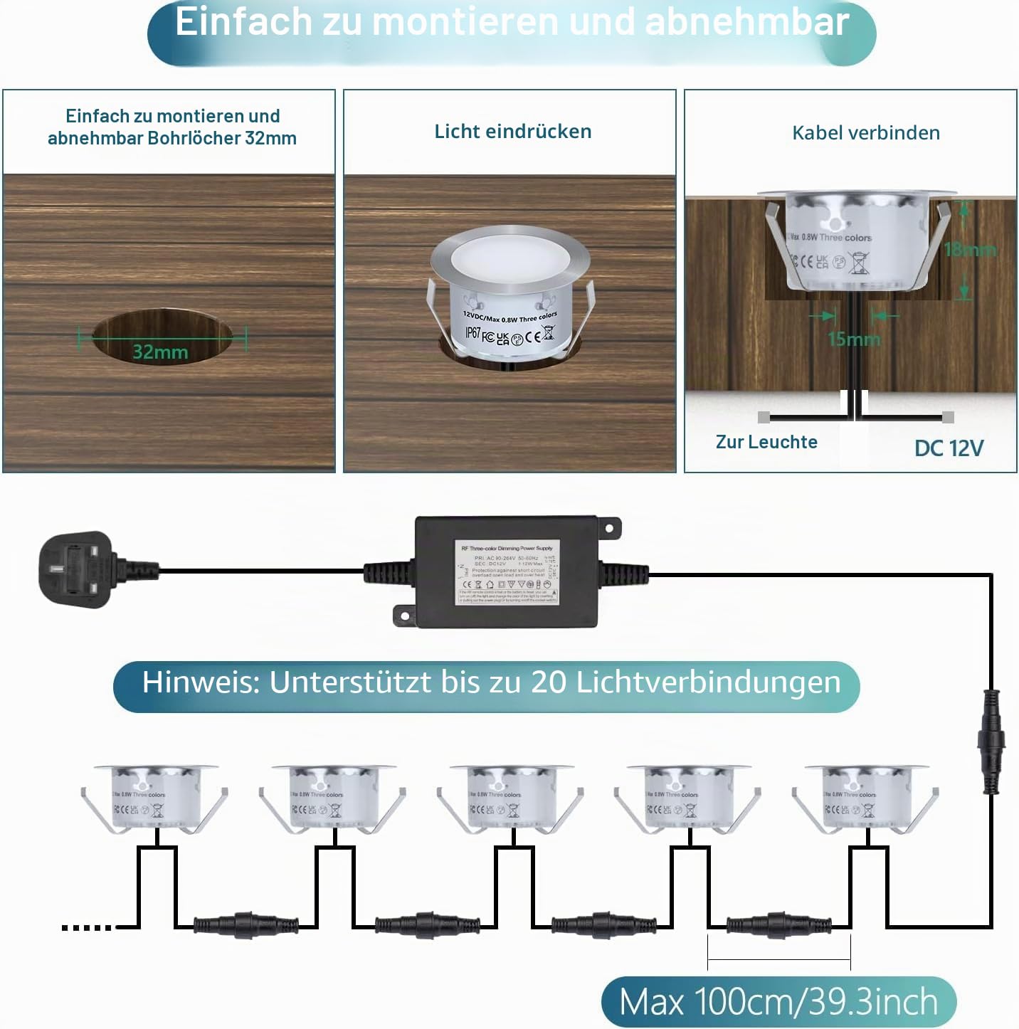HIBOITEC 10er RGBW LED Bodeneinbauleuchten Aussen, IP67 Wasserdicht, 0,8W LED Einbaustrahler mit Fernbedienung Dimmbar, Terrassen Einbaustrahler Außen für Terrasse Garten Gehweg Treppen Full Kit