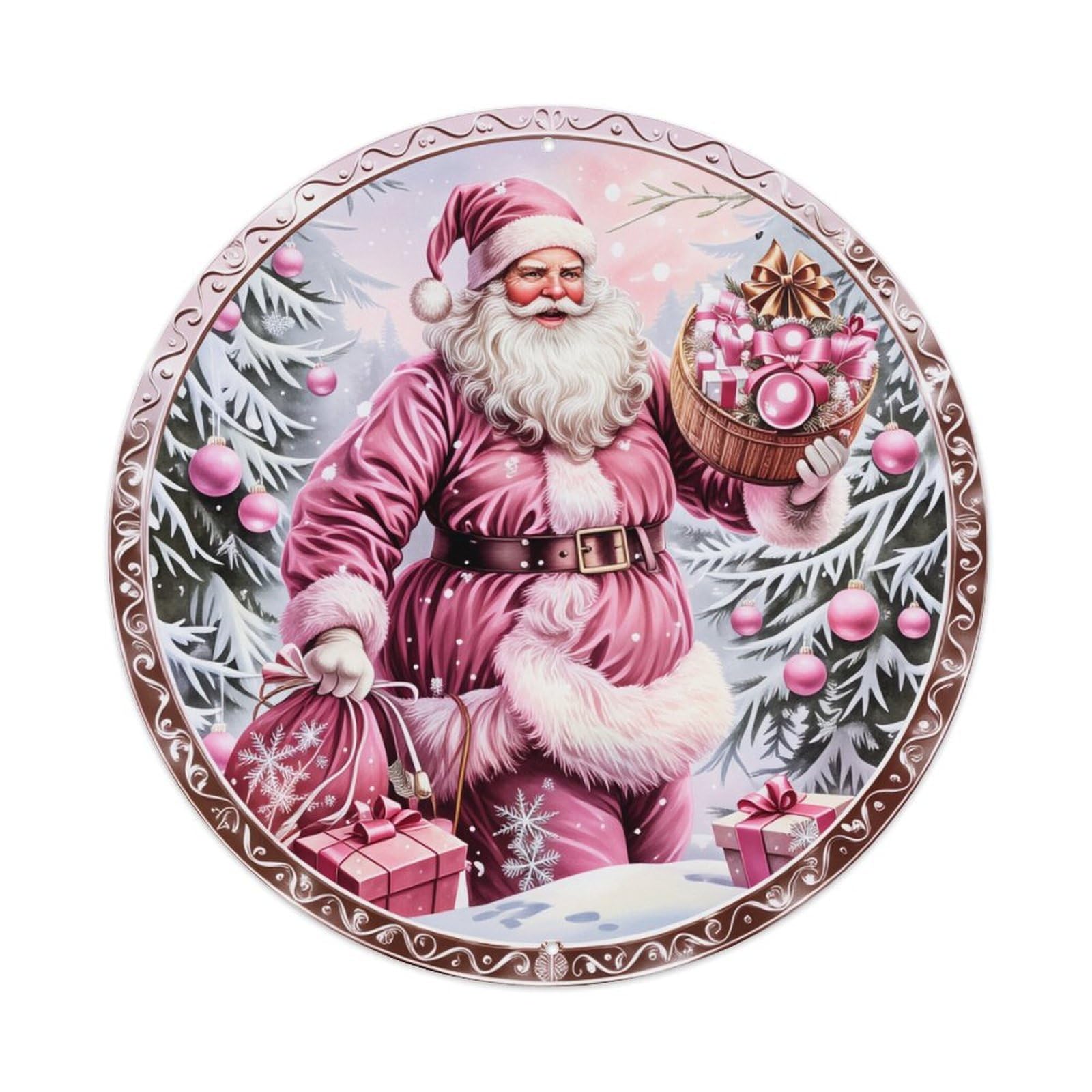 Pink Santa Winter Gift Scene Round Tin Sign Retro Metal Sign for Cafe Bar Pub Home Game Room Gym Club Wall Decoration Vintage Metal Poster 8x8 Inch