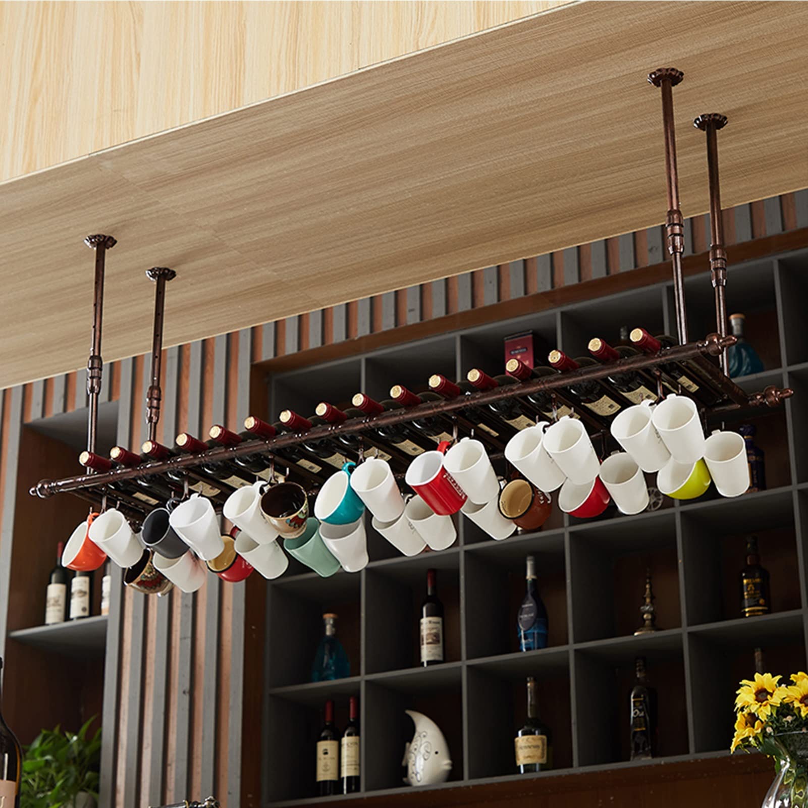 Soporte para copas de vino negro para colgar botellas de vino para el hogar, bar, restaurante, moderno estante de almacenamiento de copas de techo, marco decorativo