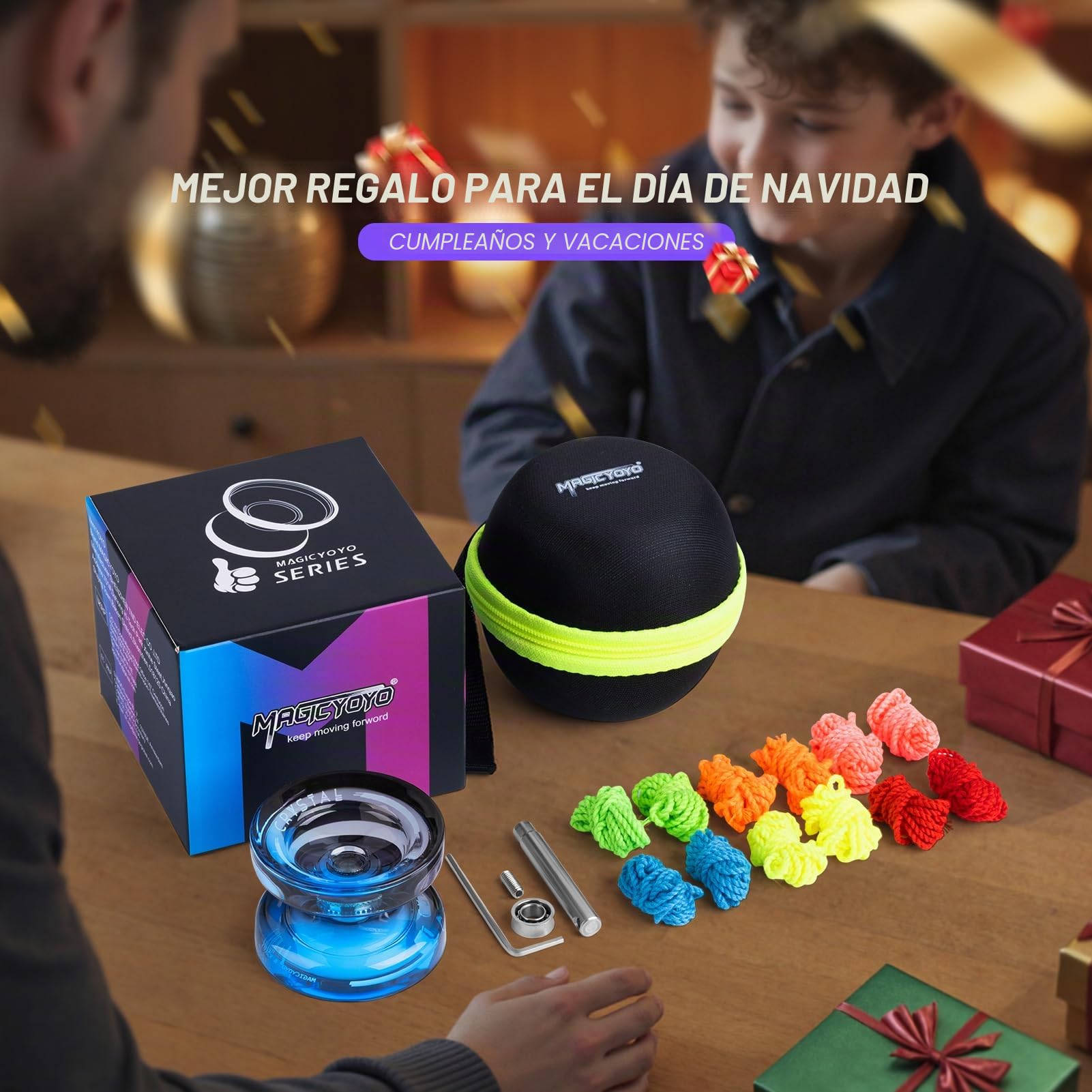 MAGICYOYO Yoyo Sensible para Niños K2 Cristal Negro Azul, 2 en 1 - Yoyo Sensible y No Sensible, Truco de Dedo Girar con Rodamiento No Sensible, 12 Cuerdas, Bolsa Yo-Yo, Herramienta y Accesorios
