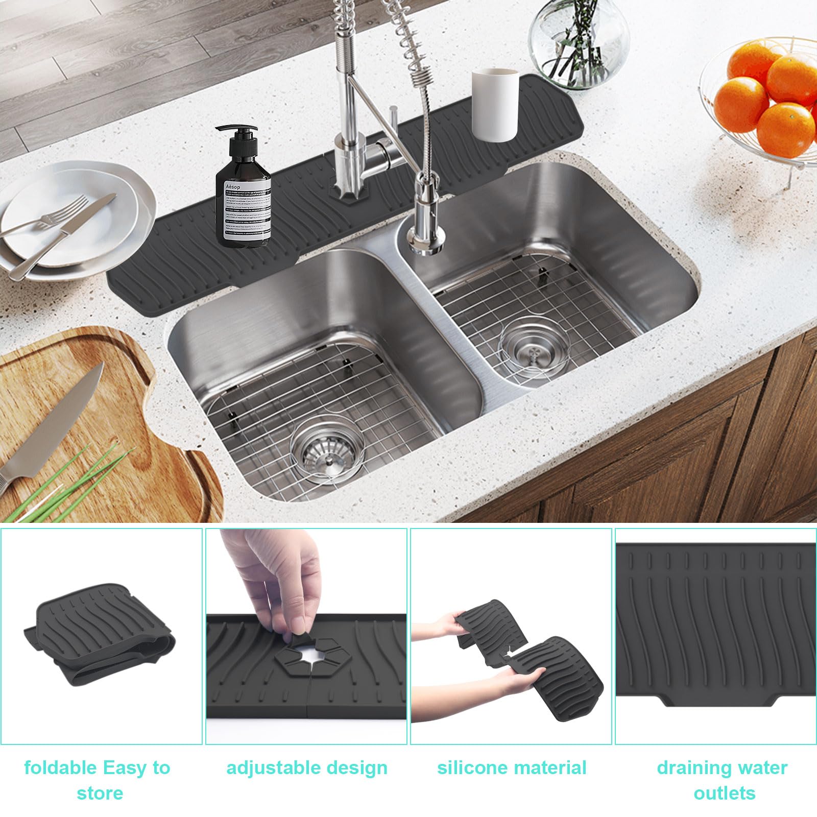 Tapis Silicone Robinet Protection Anti-éclaboussures évier Cuisine - Silicone Incliné 5° 45x14cm Anti éclaboussures Robinet