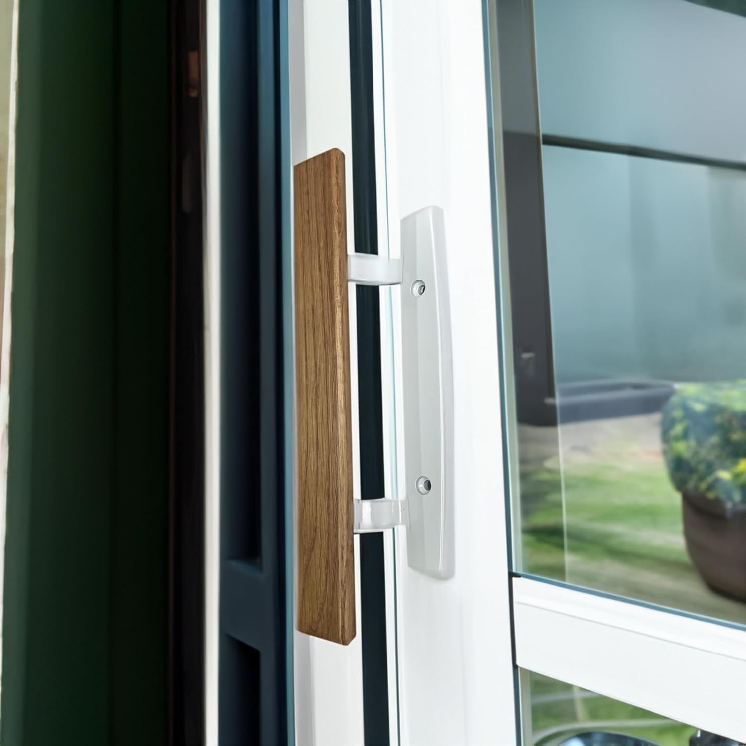 9-3/8" Mortise Style Reversible Sliding Patio Door Handle Set with Oak Wood Interior Handle + Exterior Pull in White Diecast Finish Fits 3-15/16” Screw Hole Space Non-Keyed Door Hardware