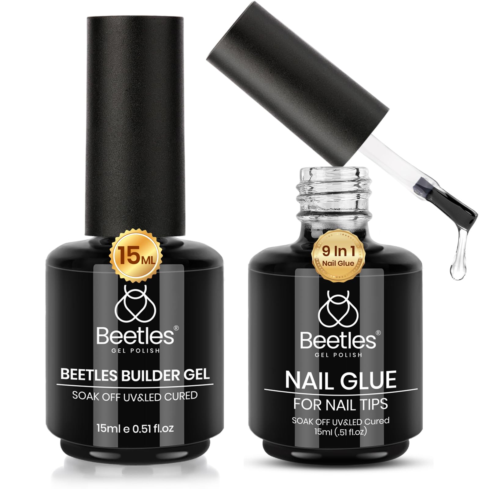 Beetles 8 in 1 Builder Gel and 9 In 1 Nail Glue for Nails, Clear Builder Strengthener Gel for Nail Apex and Extension in Strengthener Hard Glue Bottle, U V LED Lamp Long Lasting Gift for Women