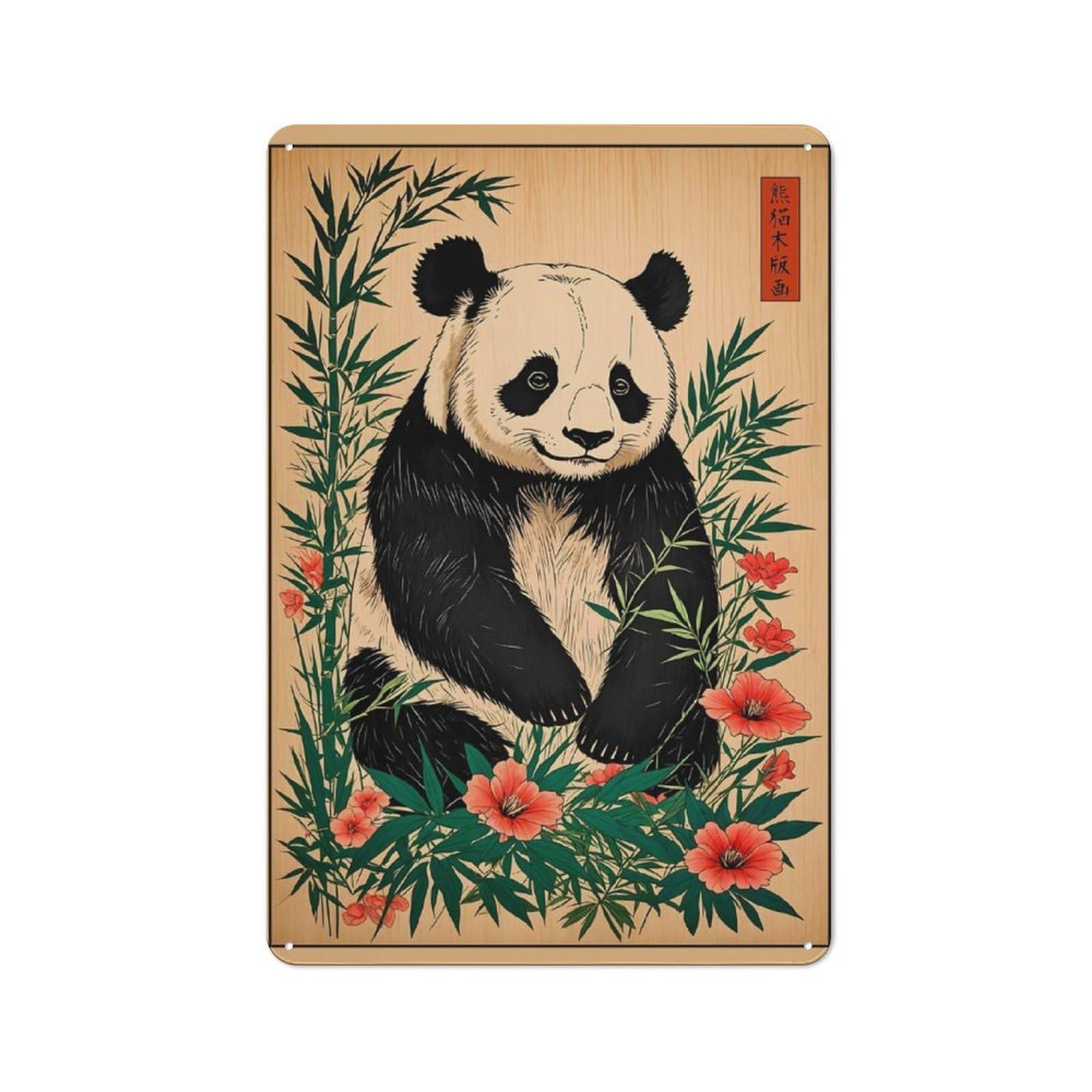 Junmoney Panda Bamboo Japanese Retro Tin Sign 30X20cm For Garage Or Workshop, For Furnishing A New Garage And Workshop With Retro Decor