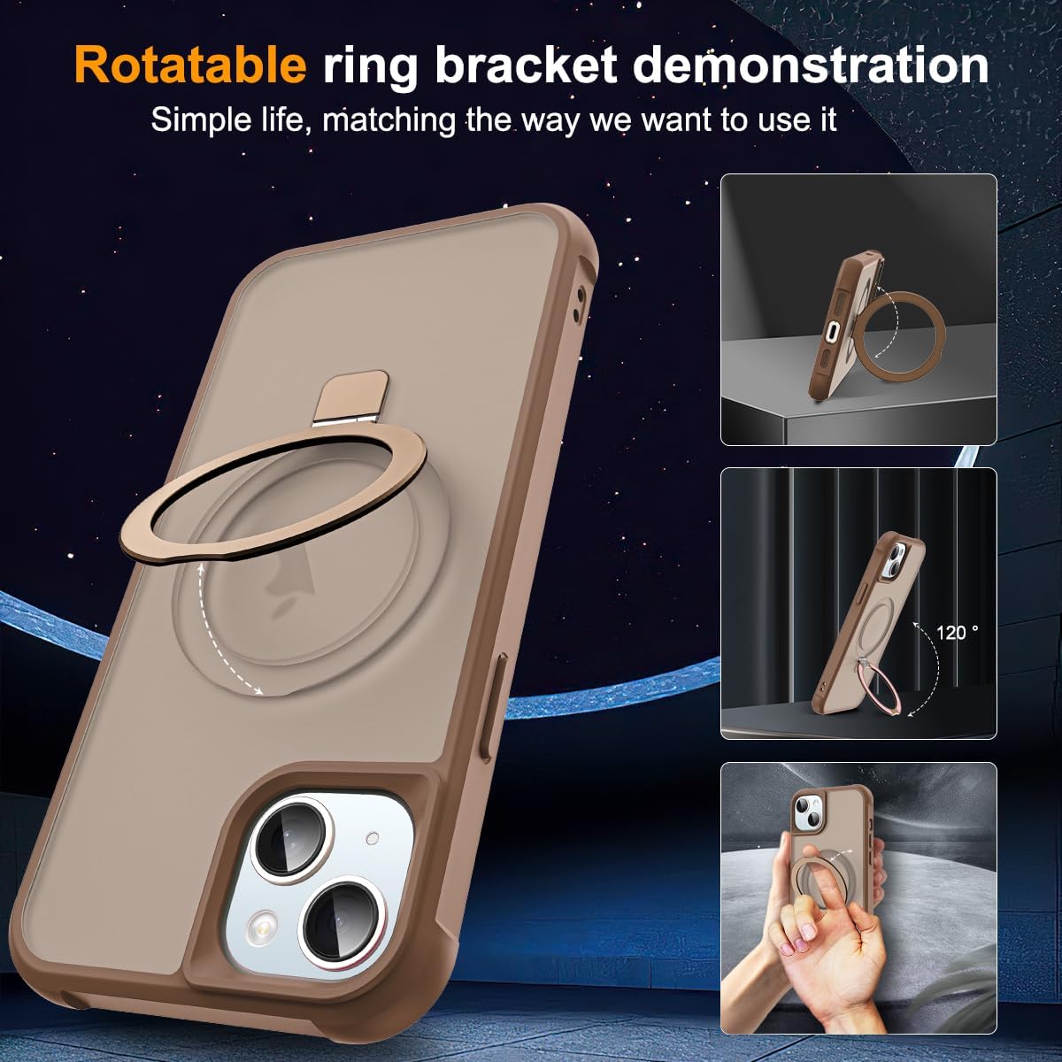 Compatible with iPhone 13 Case & iPhone 14 Case with Invisible Magnetic O-Ring Stand Translucent Phone Cases for 13 & 14 6.1" [Compatible with Mag-Safe][Great Grip Feeling], Desert Brown - Image 2
