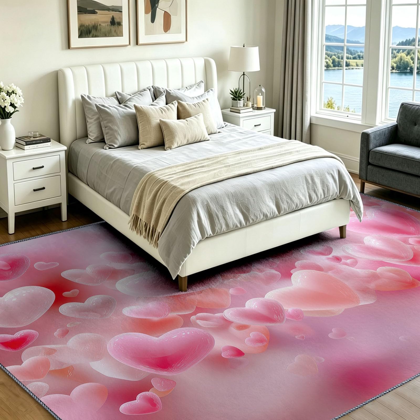 Générique Dywan 140 x 200 cm do wnętrz antypoślizgowy chłonny, łatwy do czyszczenia - dywan z sercem 3D, romantyczna, walentynkowa, miękka mata podłogowa do sypialni, salonu, przedpokoju różowy