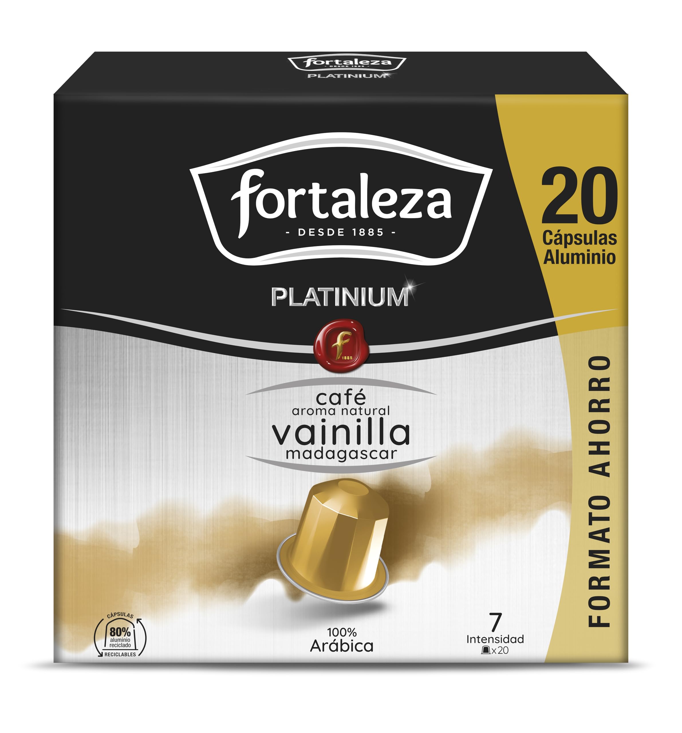 Café Fortaleza Platinium - Cápsulas Compatibles con Nespresso, de Aluminio, Café con Aroma Vainilla Madagascar, 100% Arábica, Tueste Natural, Pack 8x20 - Total 160 uds