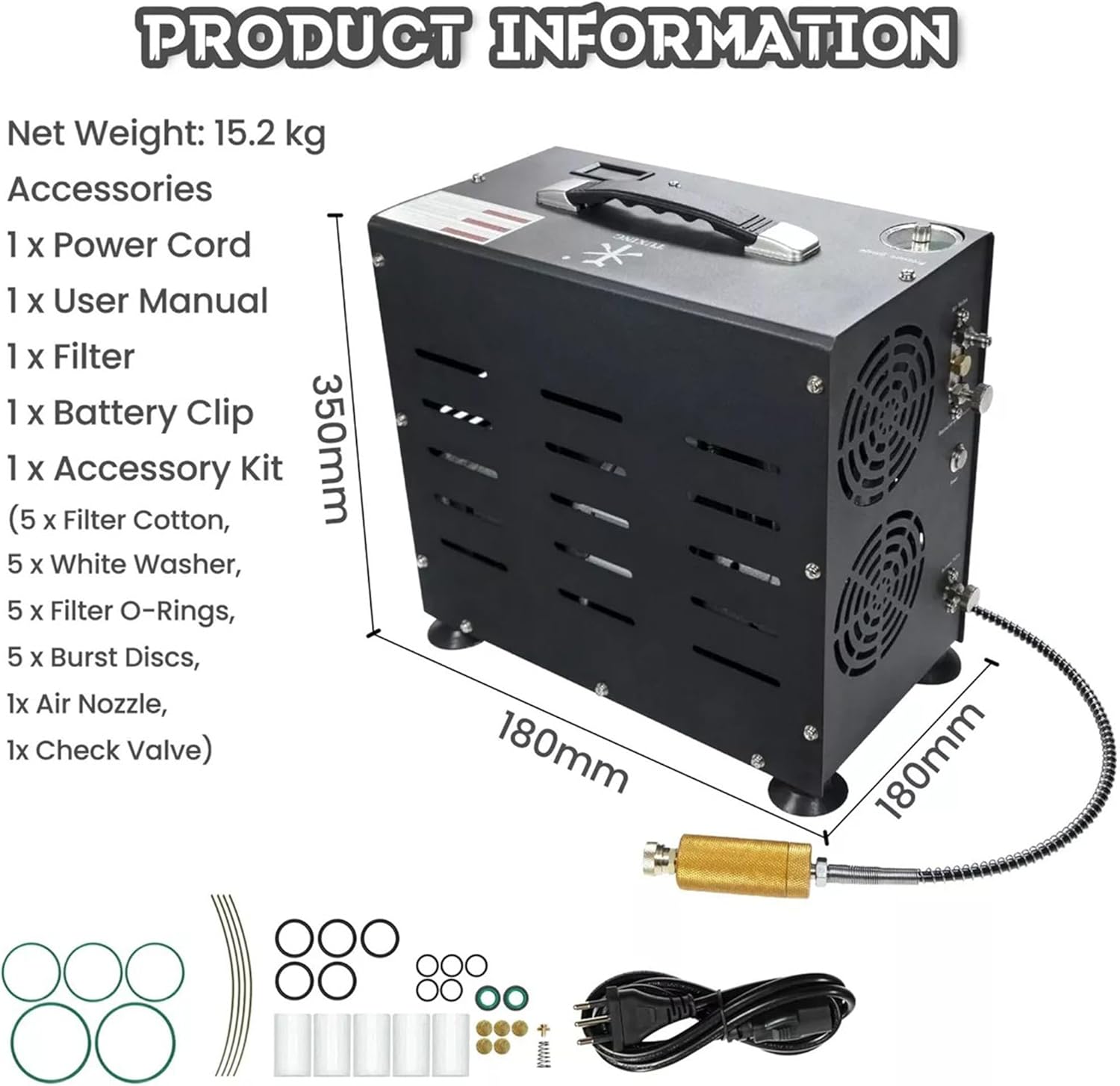 TUXING PCP Air Compressor,800W Dual-Cylinder PCP Airgun Compressor, 4500PSI Auto Stop Built-in Fan Cooling System Compressor Pump for Air Rifle, Scuba Diving Bottle