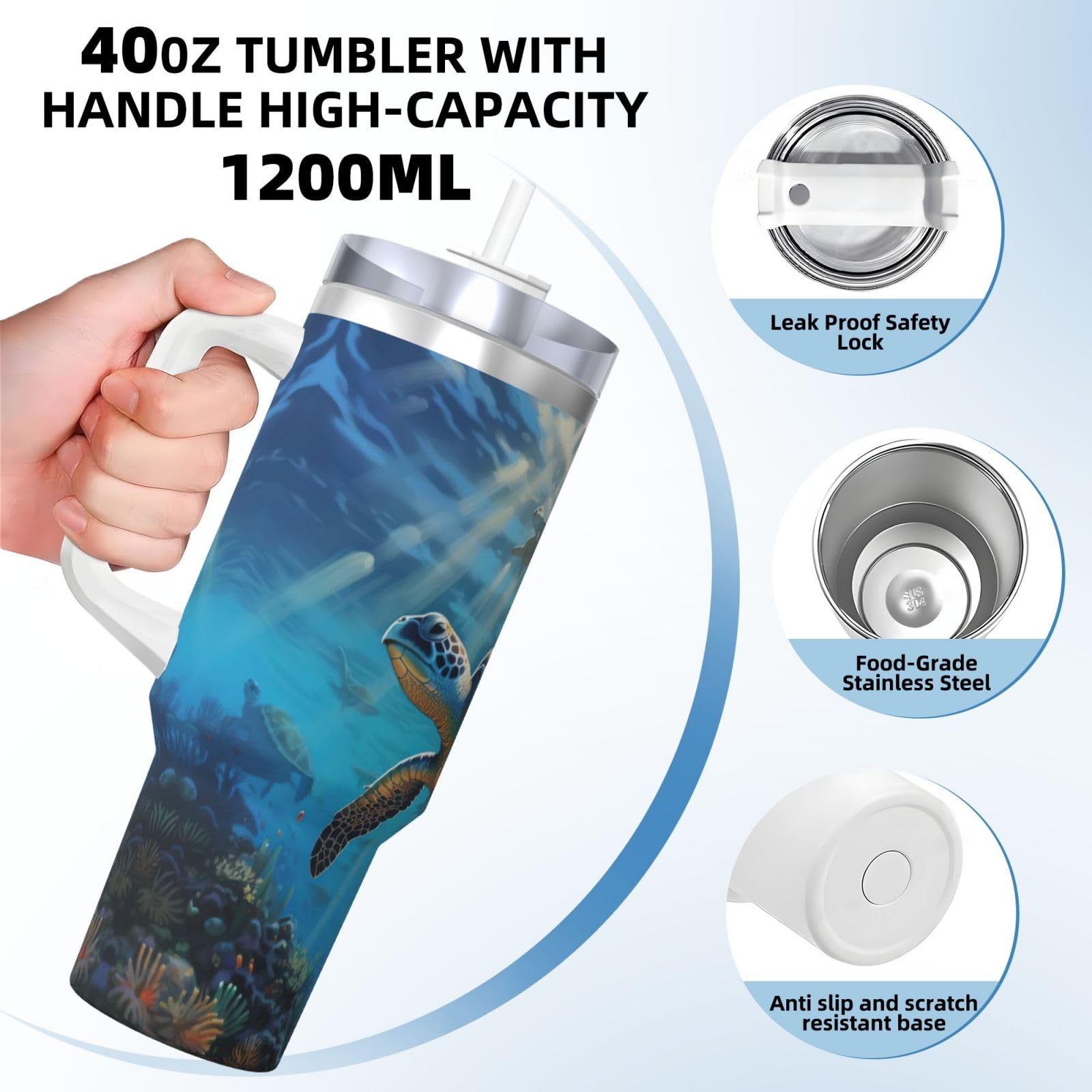 Sea Turtles Ice Bully Wasserflasche aus Edelstahl, doppelwandig, isoliert, mit Griff und Strohhalm-Deckel, 1,2 l